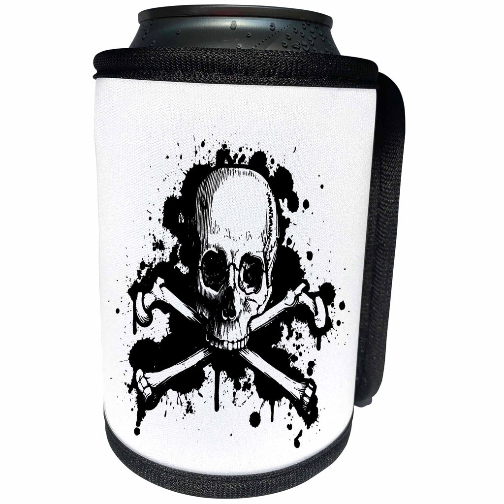 3dRose Russ Billington Designs - Black and White Grunge Skull and Crossbones with Drips and Splats - Can Cooler Bottle Wrap (cc_255208)