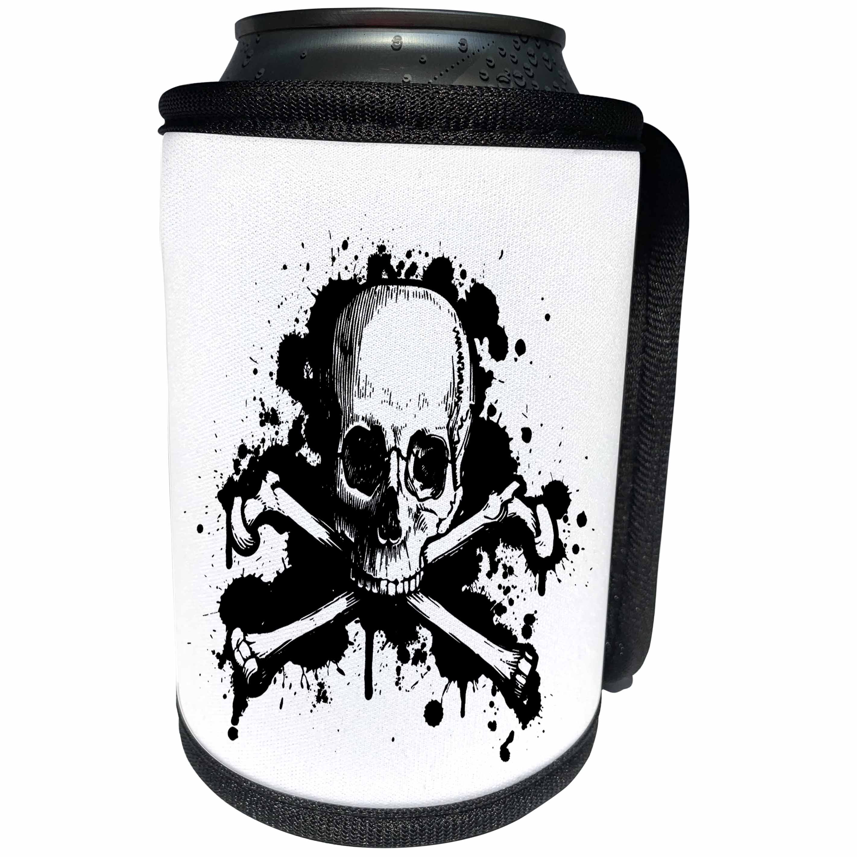 3dRose Russ Billington Designs - Black and White Grunge Skull and Crossbones with Drips and Splats - Can Cooler Bottle Wrap (cc_255208)