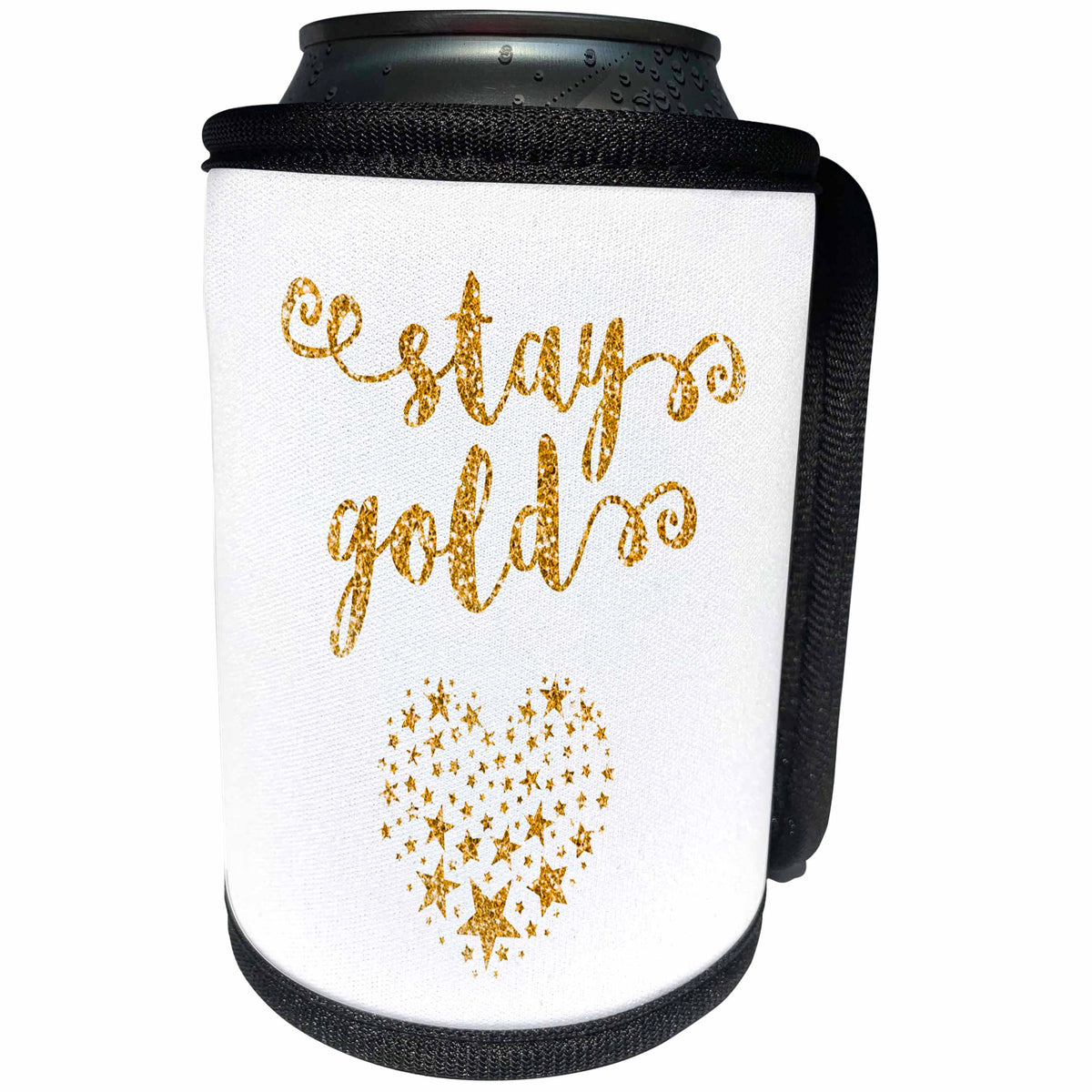 3dRose Russ Billington Designs - Stay Gold- Typography Gold Effect over White Background - Can Cooler Bottle Wrap (cc_255213)