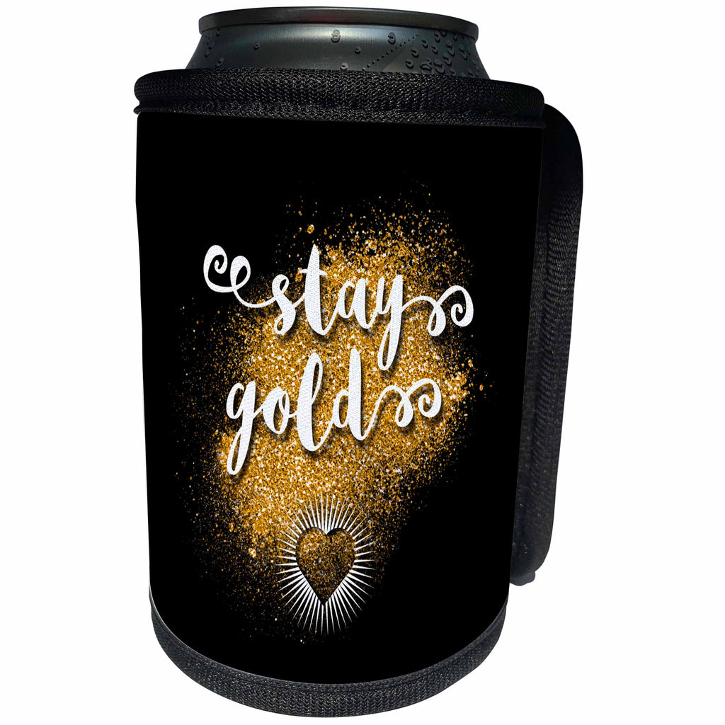 3dRose Russ Billington Designs - Gold Dust Design with White Text and Heart over Black Background - Can Cooler Bottle Wrap (cc_255214)