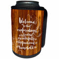 3dRose Russ Billington Designs - Funny Dysfunctional Household Welcome- design over Wood Effect - Can Cooler Bottle Wrap (cc_255215)