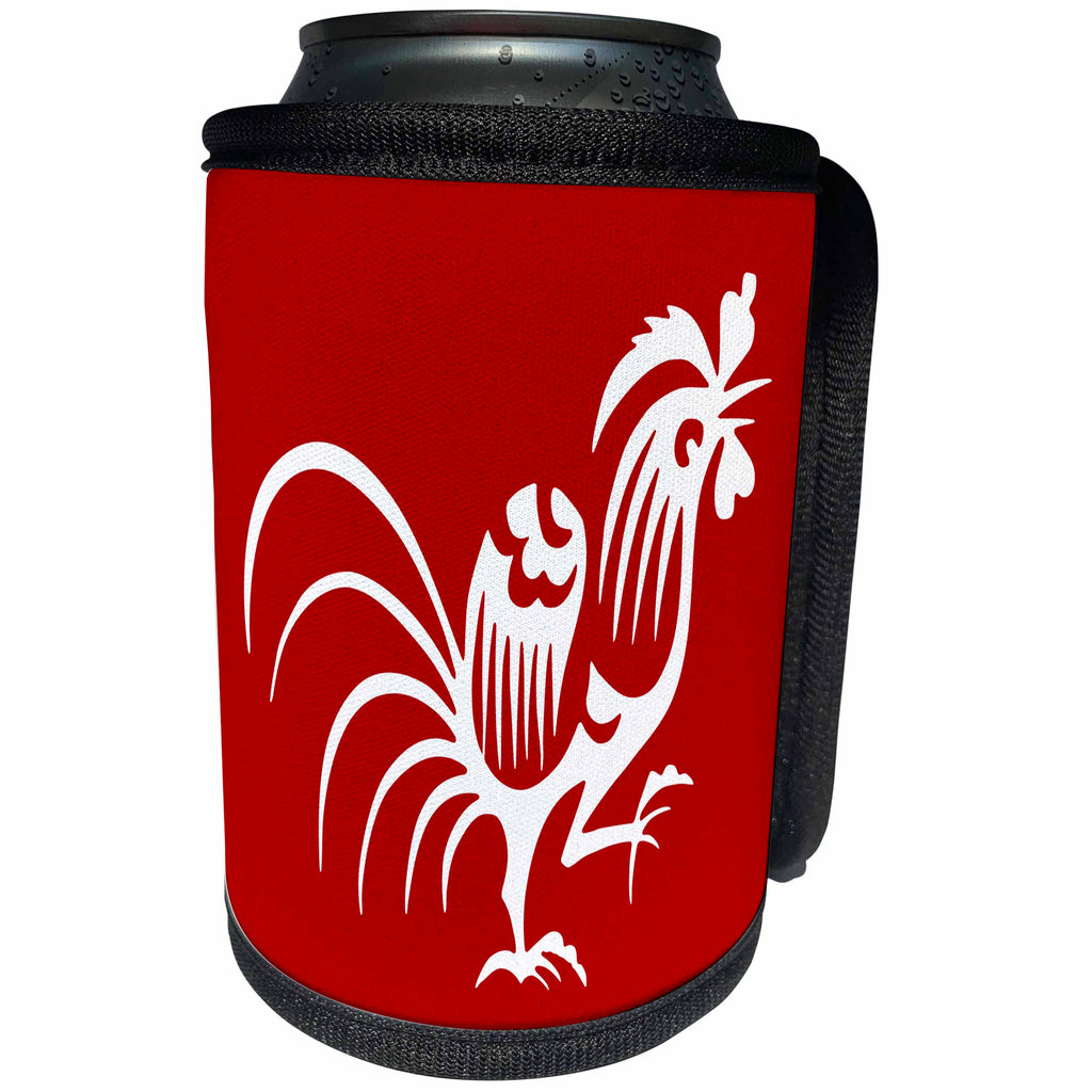 3dRose Russ Billington Designs - Chinese New Year- Stylized Rooster in White over Red - Can Cooler Bottle Wrap (cc_255216)