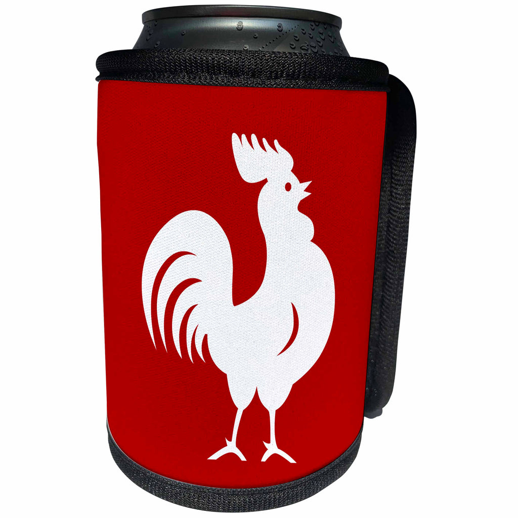 3dRose Russ Billington Designs - White Rooster on Red Background - Can Cooler Bottle Wrap (cc_255217)