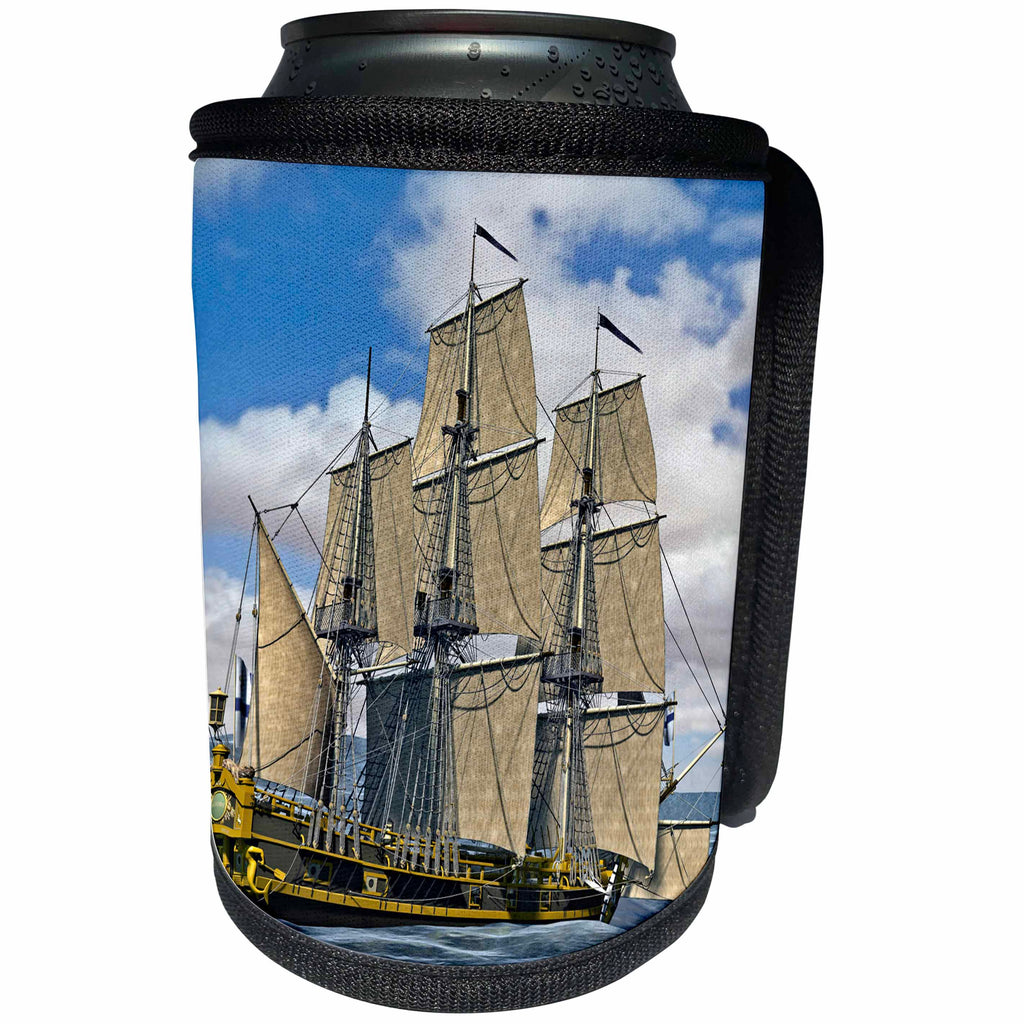 3dRose Boehm Graphics Ship - Black Corvette Sailing Ship Sailing Away to the Right in Rough Water - Can Cooler Bottle Wrap (cc_255232)