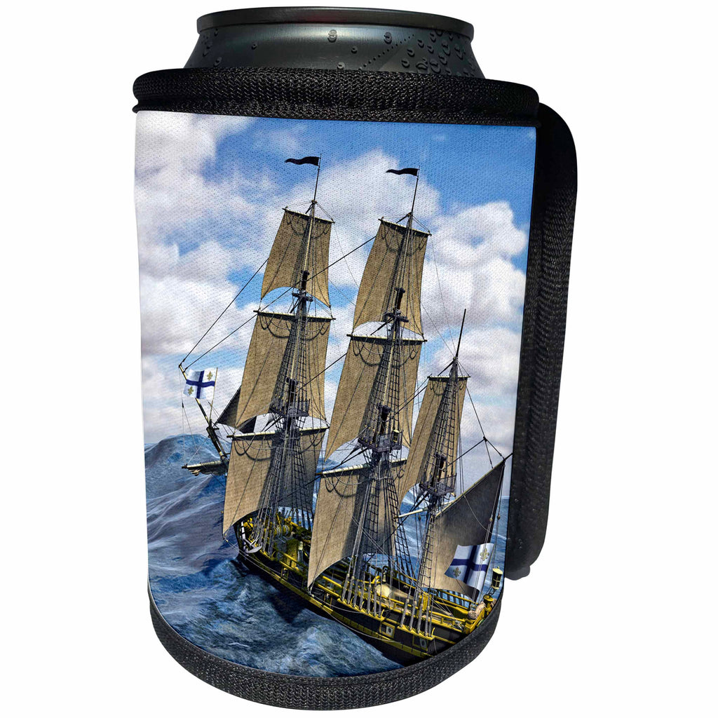 3dRose Boehm Graphics Ship - Black Corvette Sailing Ship Sailing Away to the Left in Rough Water - Can Cooler Bottle Wrap (cc_255233)