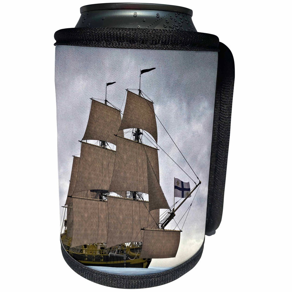 3dRose Boehm Graphics Ship - Black Corvette Sailing Ship Sailing Away to the Right in Fog - Can Cooler Bottle Wrap (cc_255235)