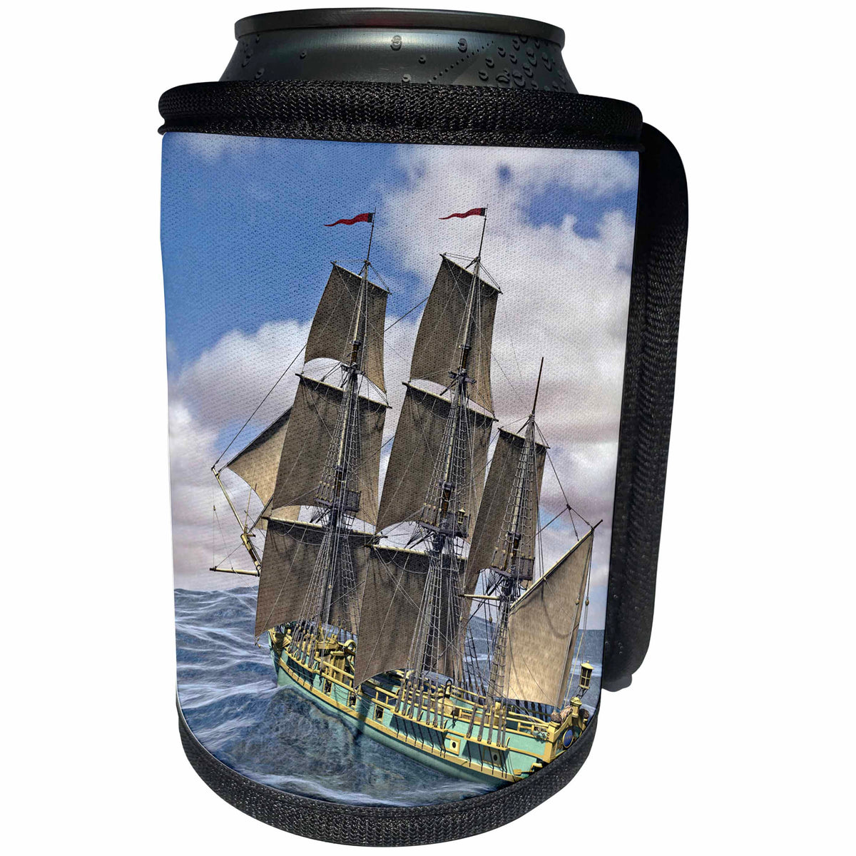 3dRose Boehm Graphics Ship - Green Corvette Sailing Ship Sailing Away to the Left in Rough Water - Can Cooler Bottle Wrap (cc_255237)