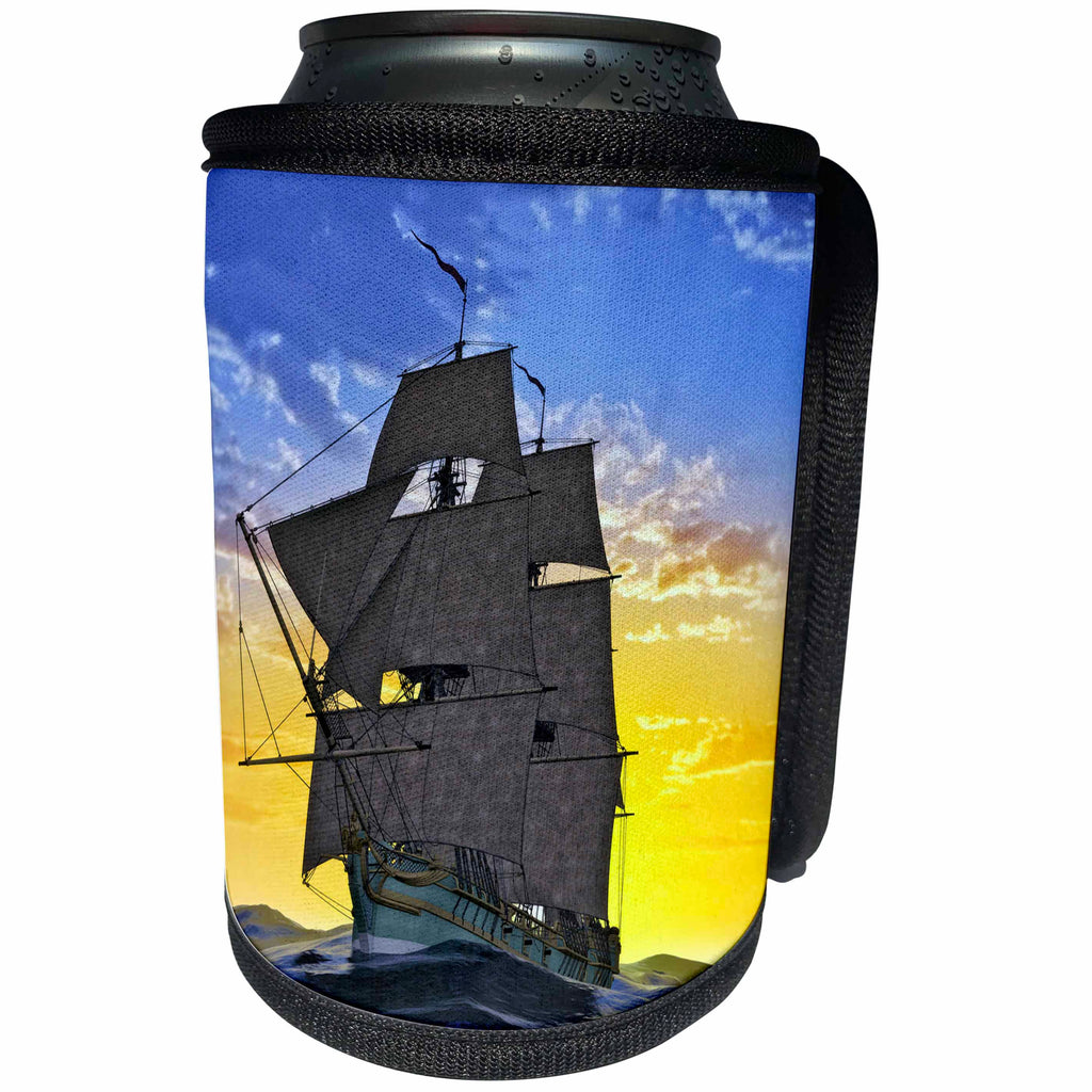 3dRose Boehm Graphics Ship - Green Corvette Sailing Ship Sailing to the Right Front at Sunrise - Can Cooler Bottle Wrap (cc_255238)