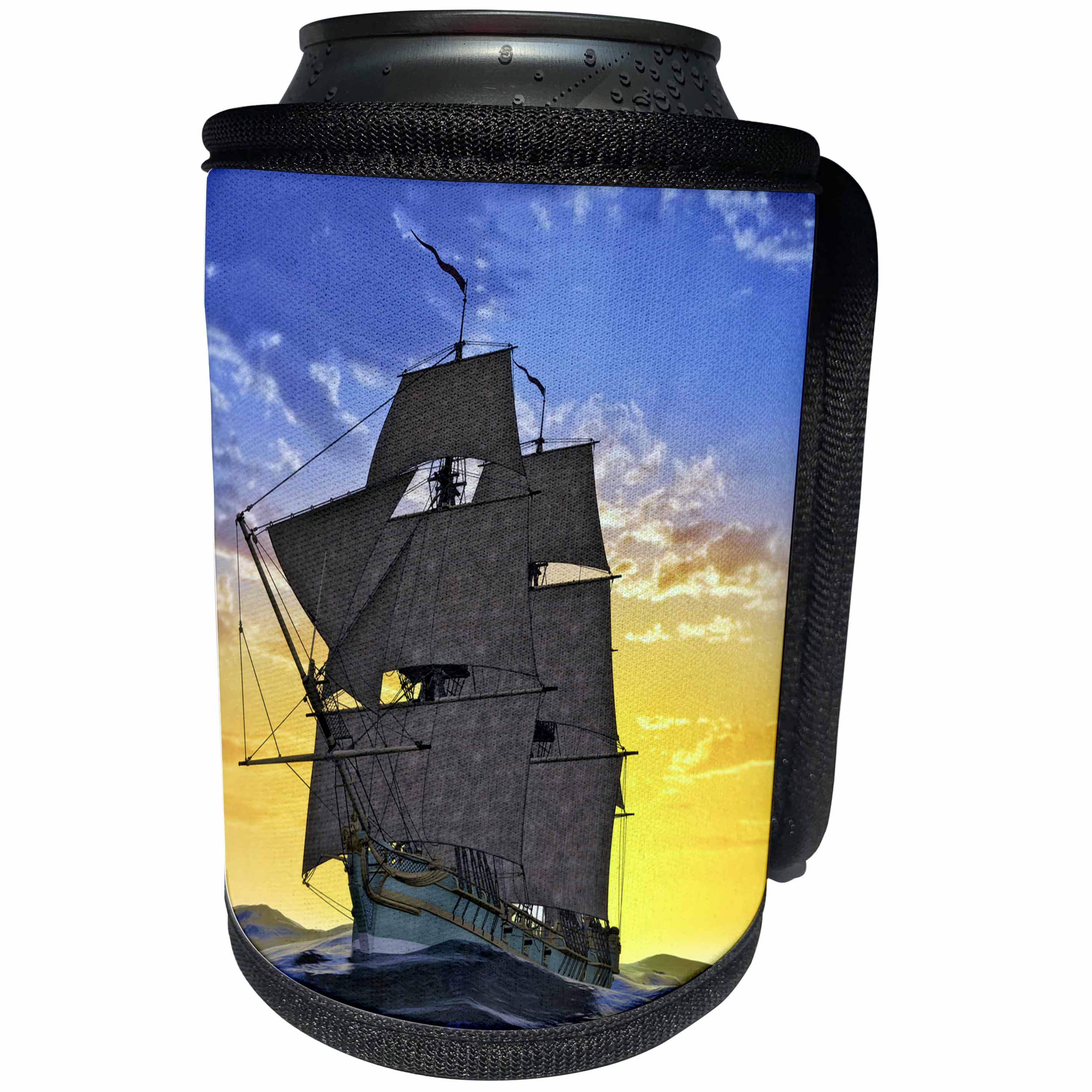 3dRose Boehm Graphics Ship - Green Corvette Sailing Ship Sailing to the Right Front at Sunrise - Can Cooler Bottle Wrap (cc_255238)