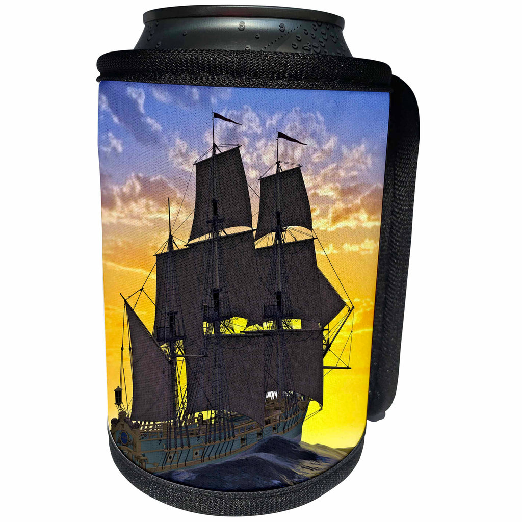3dRose Boehm Graphics Ship - Green Corvette Sailing Ship Sailing Away to the Right at Sunrise - Can Cooler Bottle Wrap (cc_255239)