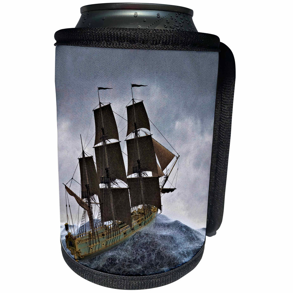 3dRose Boehm Graphics Ship - Green Corvette Sailing Ship Sailing Away to the Right in A Storm - Can Cooler Bottle Wrap (cc_255240)