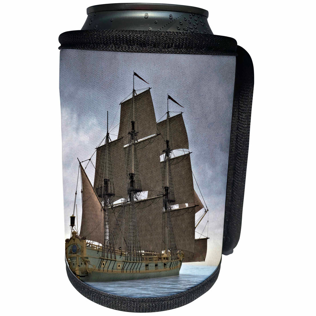 3dRose Boehm Graphics Ship - Green Corvette Sailing Ship Sailing Away to the Right in Heavy Fog - Can Cooler Bottle Wrap (cc_255241)