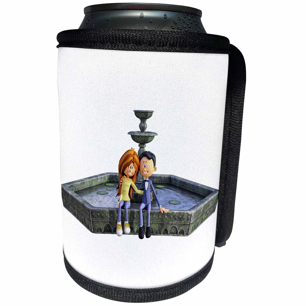 3dRose Boehm Graphics Cartoon - Cartoon Couple at A Fountain - Can Cooler Bottle Wrap (cc_255252)