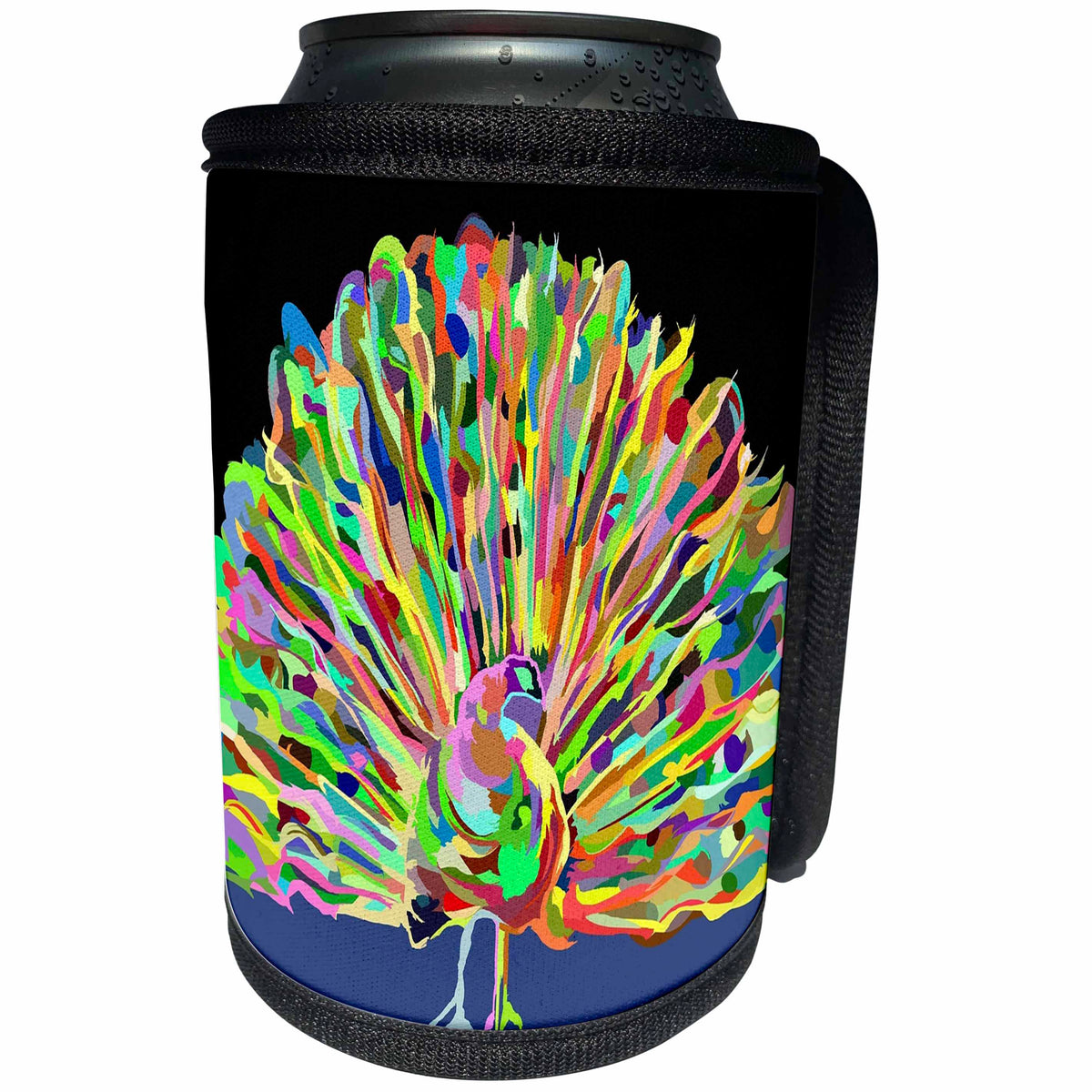 3dRose Florene Abstract Watercolors - Image Of Painted Multi Color Peacock On Black and Blue - Can Cooler Bottle Wrap (cc_255300)