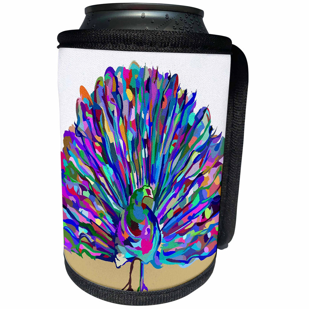3dRose Florene Abstract Watercolors - Image Of Painted Multicolor Peacock On Tan - Can Cooler Bottle Wrap (cc_255303)