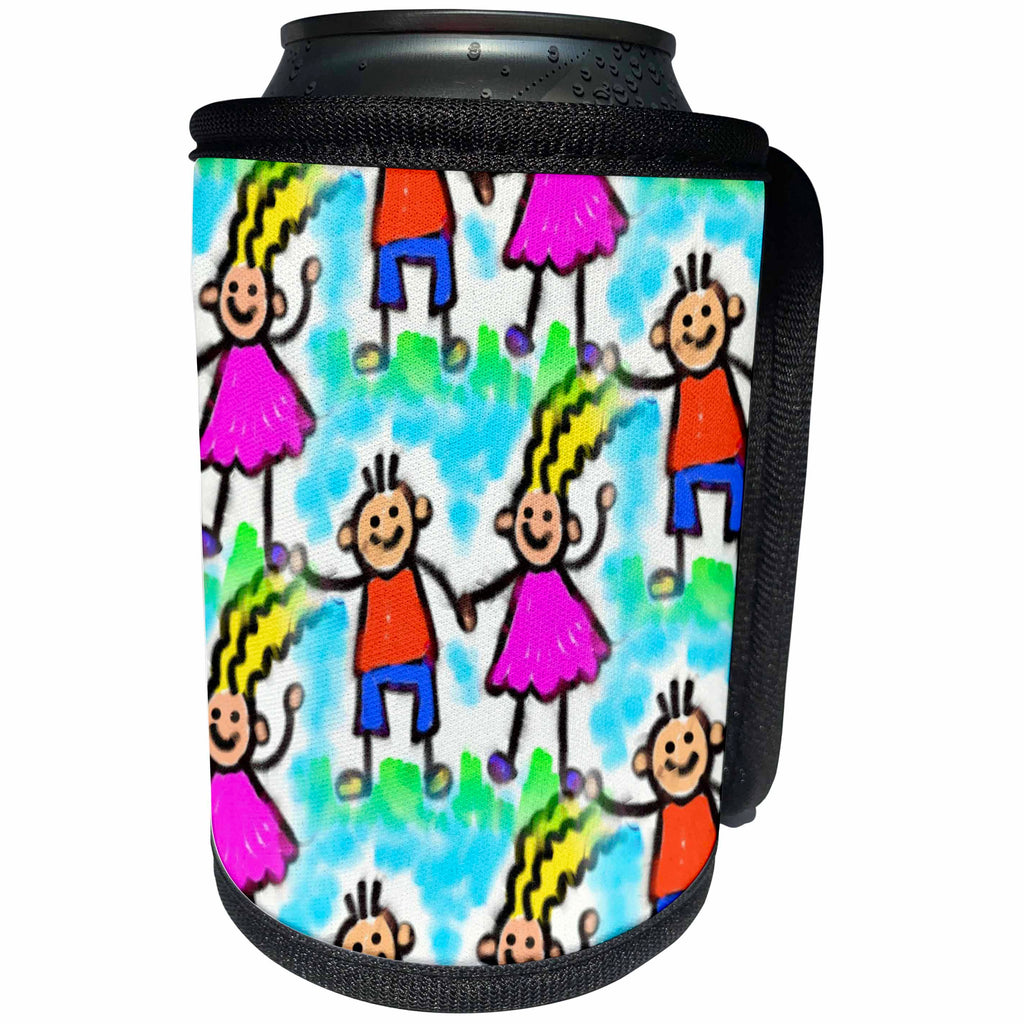 3dRose Florene Childrens Art V - Image Of Watercolor Cartoon Of Kids Holding Hands - Can Cooler Bottle Wrap (cc_255311)