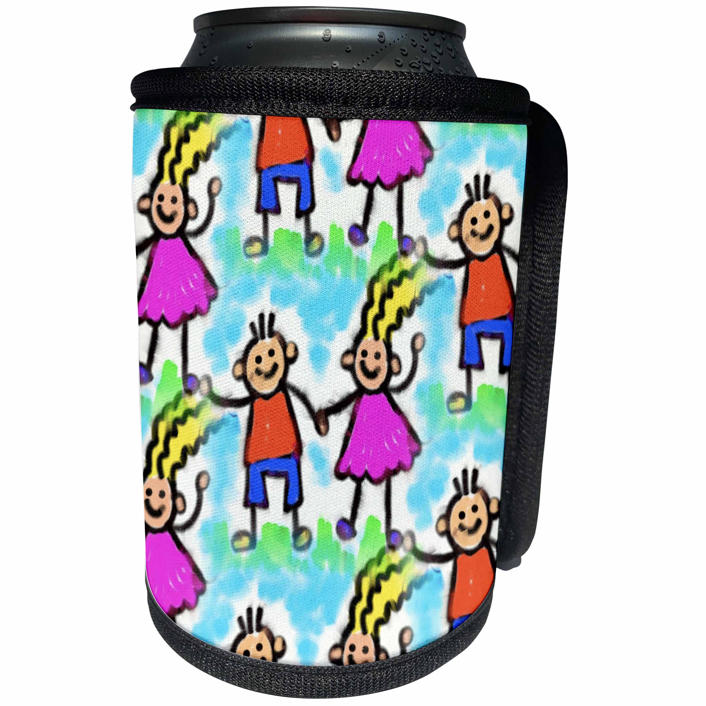 3dRose Florene Childrens Art V - Image Of Watercolor Cartoon Of Kids Holding Hands - Can Cooler Bottle Wrap (cc_255311)
