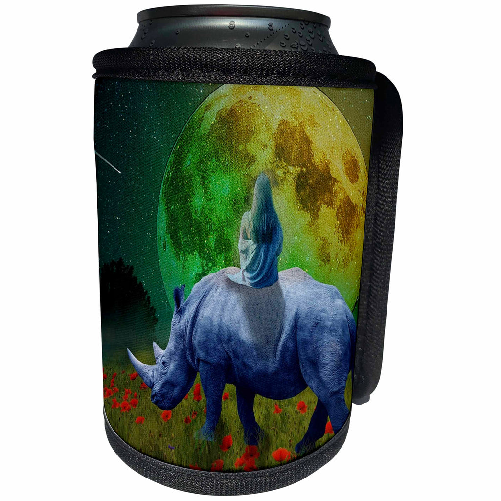 3dRose Florene Fairies And Fantasy - Image Of Lady On Rhino Looking At Full Moon - Can Cooler Bottle Wrap (cc_255320)