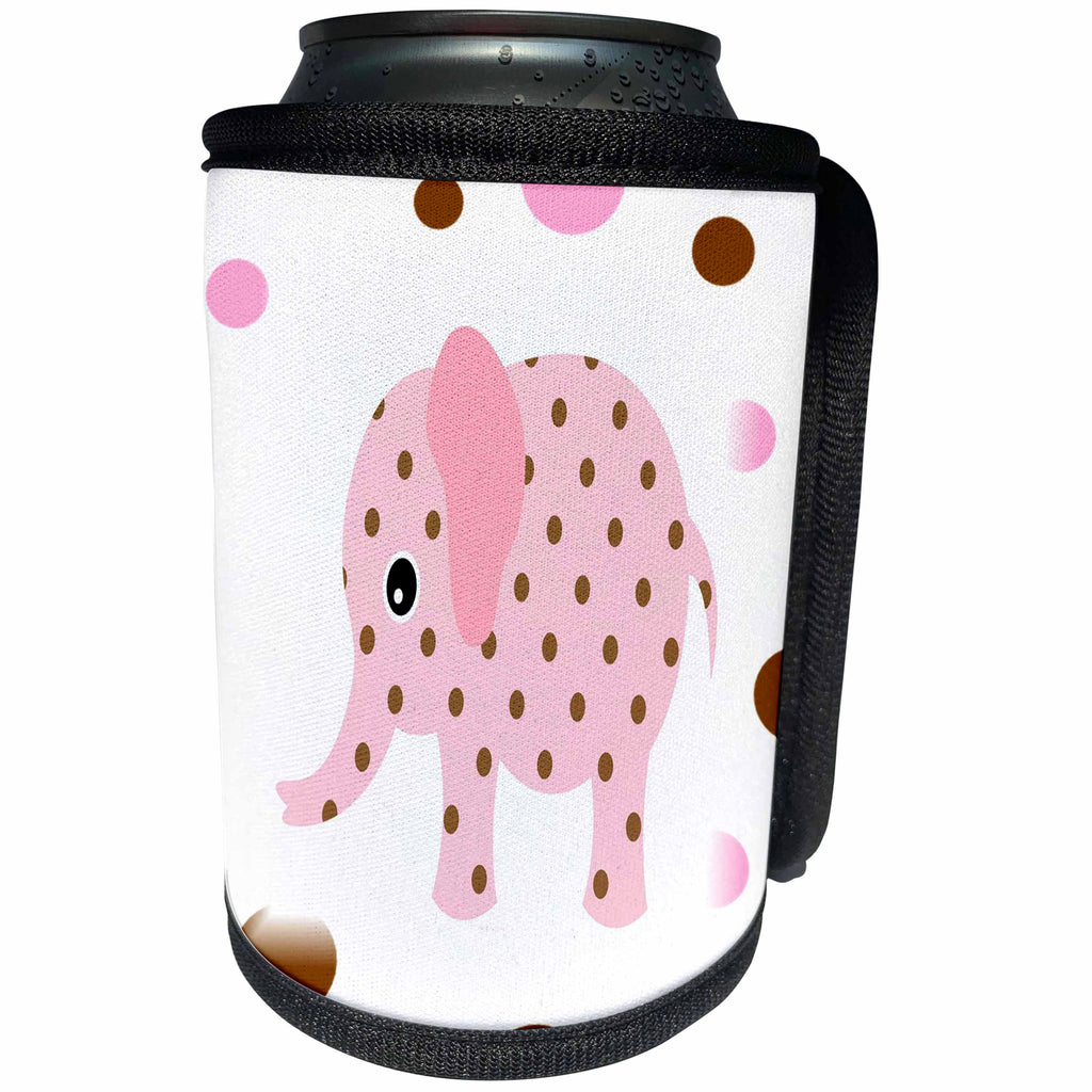 3dRose Florene Childrens Art V - Image Of Cute Pink n Brown Cartoon Elephant on Match Dots - Can Cooler Bottle Wrap (cc_255322)