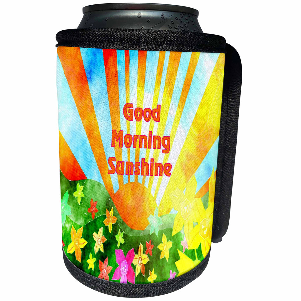 3dRose Florene Childrens Art V - Image Of Watercolor Sunrise With Good Morning Sunshine - Can Cooler Bottle Wrap (cc_255328)