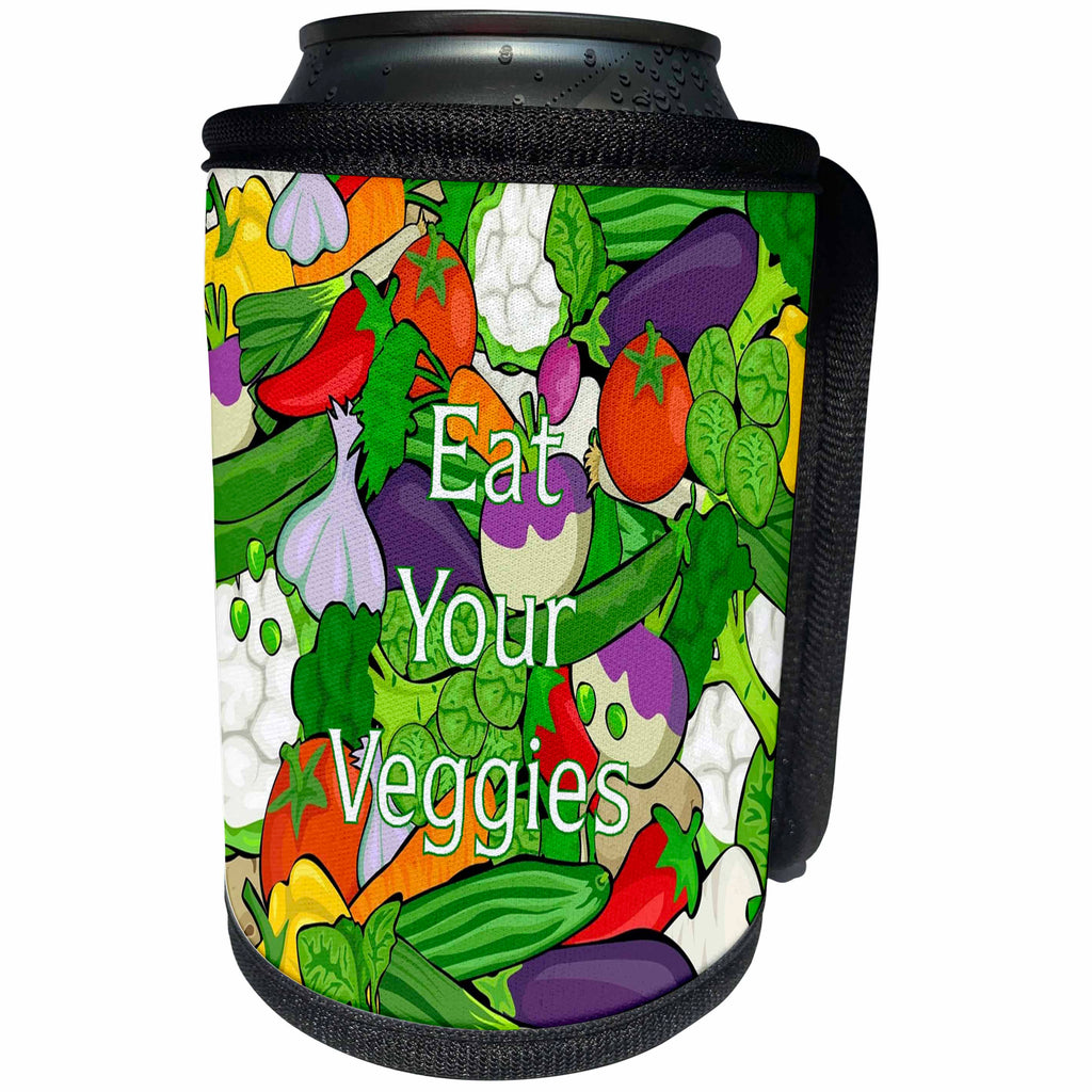 3dRose Florene Childrens Art V - Image Of Painted Cartoon Vegetables With Eat Your Veggies - Can Cooler Bottle Wrap (cc_255329)