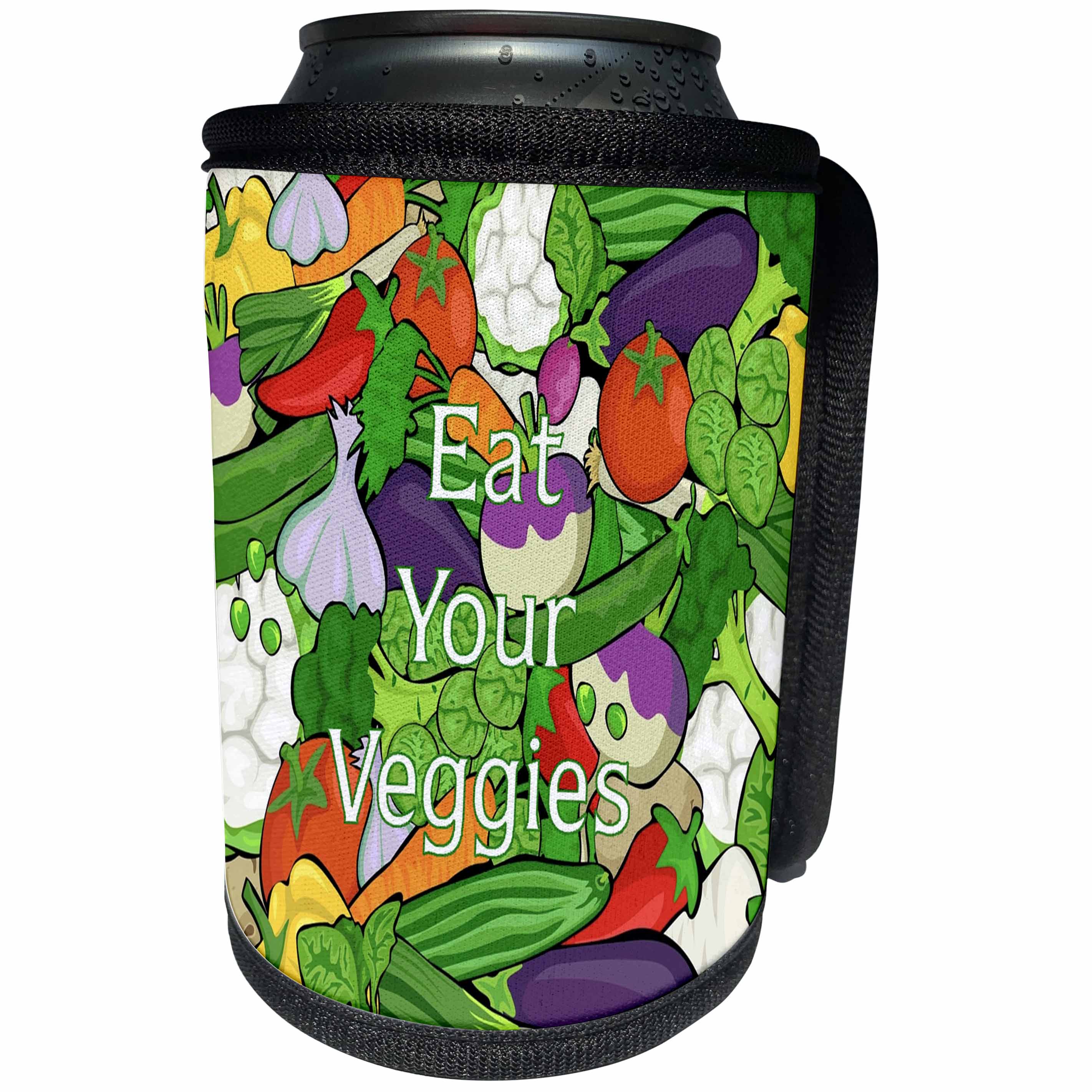 3dRose Florene Childrens Art V - Image Of Painted Cartoon Vegetables With Eat Your Veggies - Can Cooler Bottle Wrap (cc_255329)