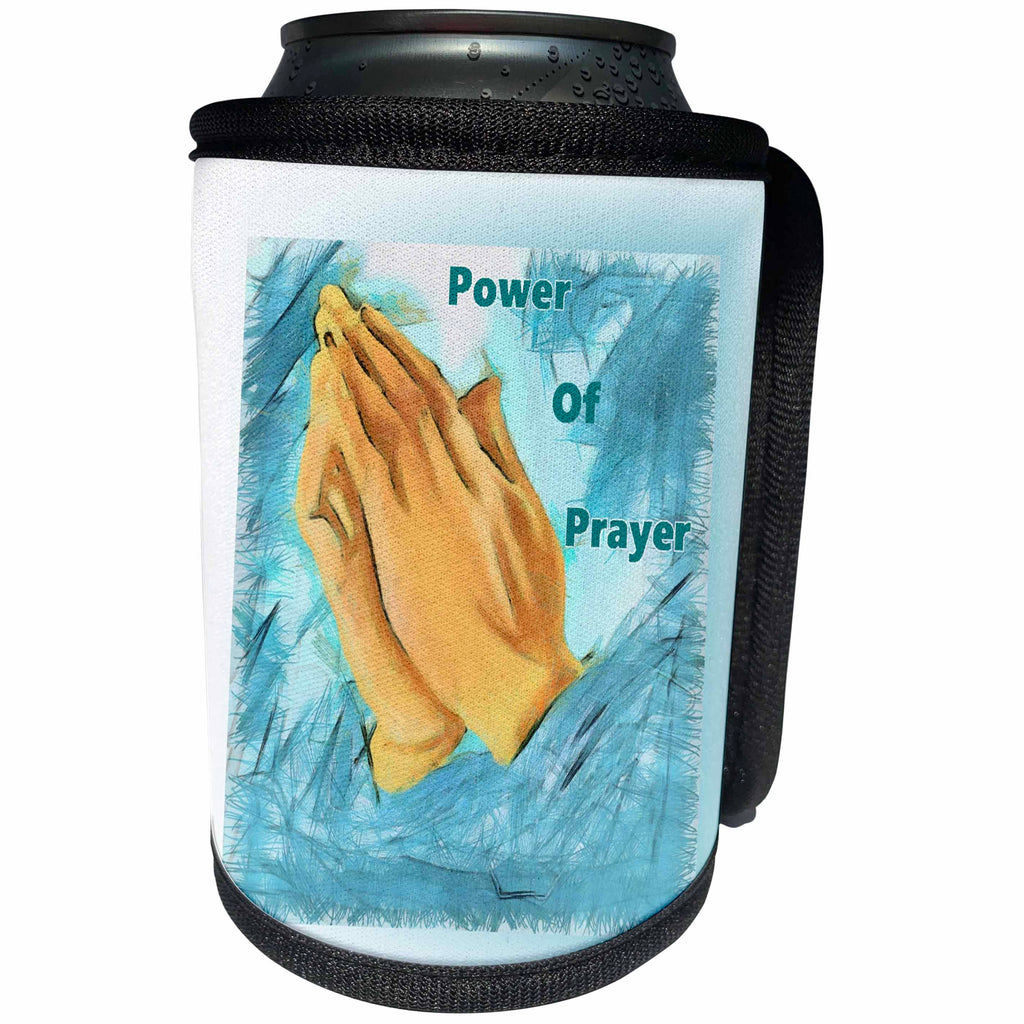 3dRose Praying Hands - Image of Praying Hands With Words Power Of Prayer - Can Cooler Bottle Wrap (cc_255377)