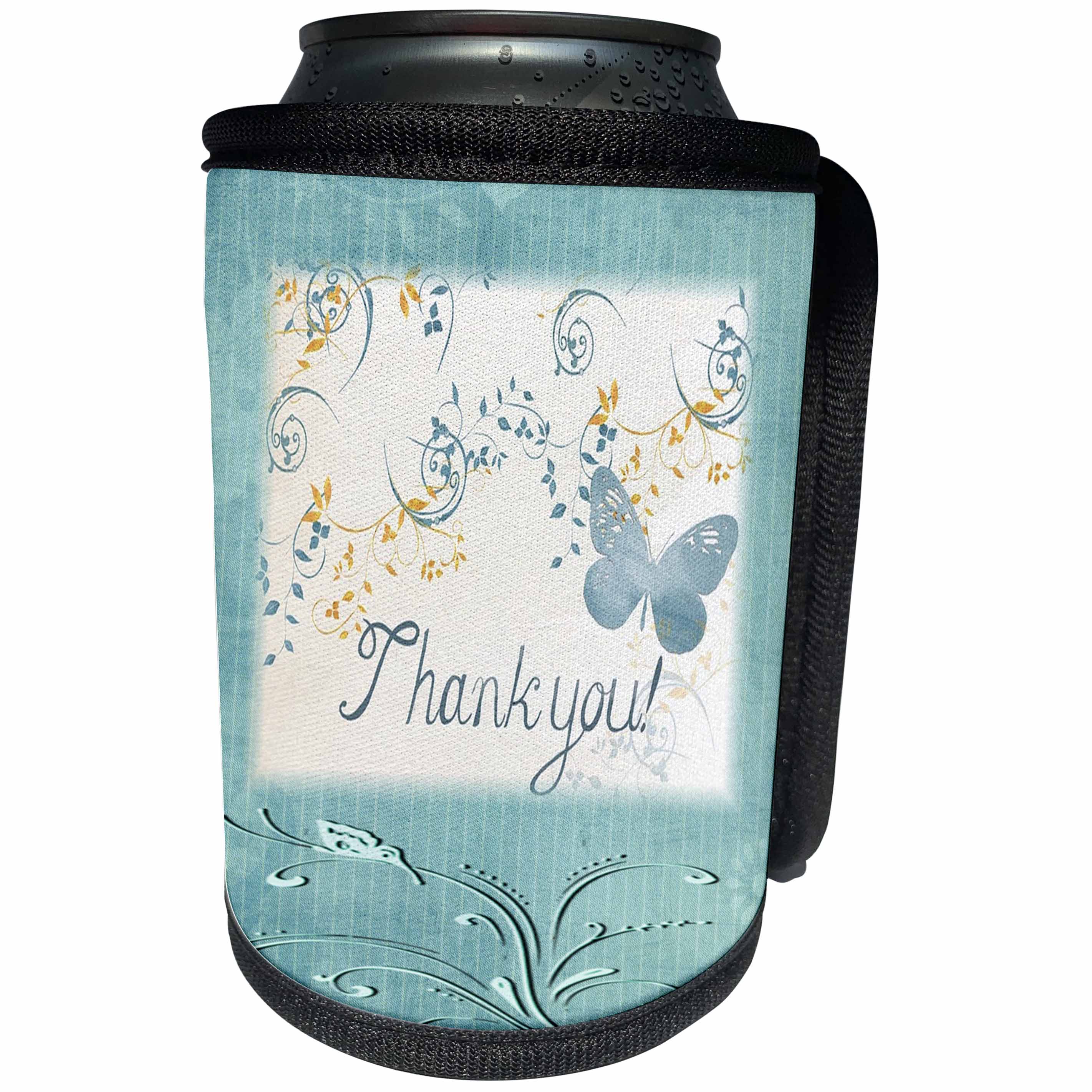 3dRose Special Thank you - Image of Scrolly Aged Aqua With Butterfly And Thank You - Can Cooler Bottle Wrap (cc_255381)
