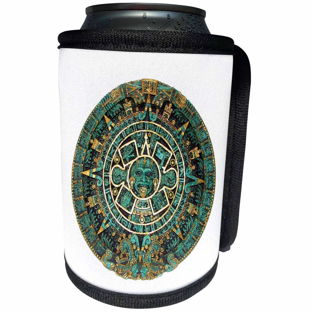 3dRose All Things Mexican - Image of Turquoise And Gold Aztec Calendar - Can Cooler Bottle Wrap (cc_255501)