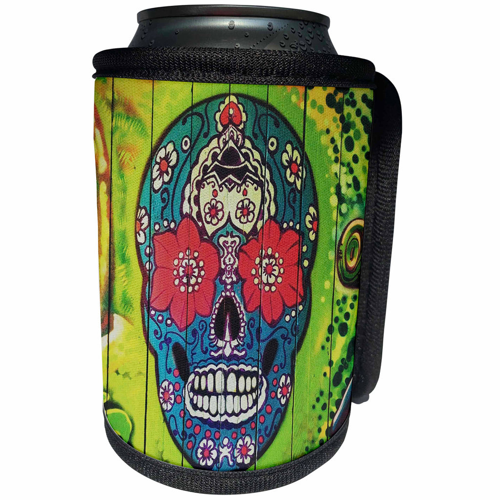 3dRose All Things Mexican - Image of Day Of Dead Skull Painted On Lime Green Door - Can Cooler Bottle Wrap (cc_255509)