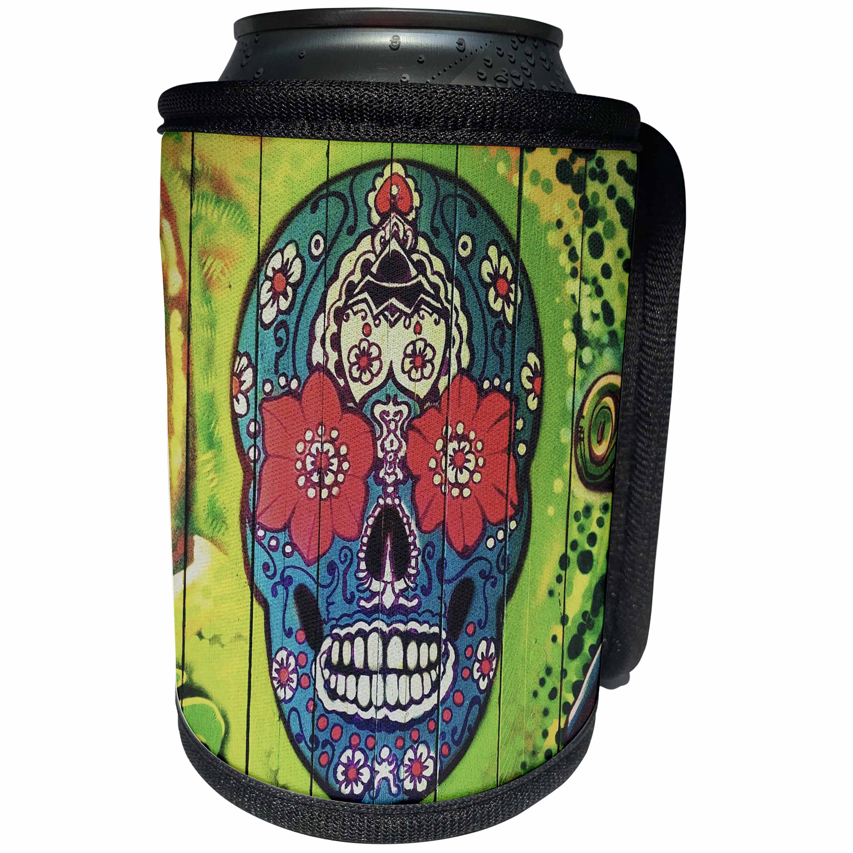 3dRose All Things Mexican - Image of Day Of Dead Skull Painted On Lime Green Door - Can Cooler Bottle Wrap (cc_255509)