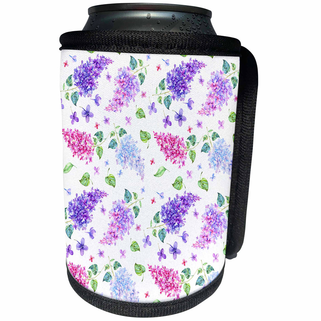 3dRose Uta Naumann Watercolor Pattern - Purple and Pink Floral Lilacs Flowers - Can Cooler Bottle Wrap (cc_255556)