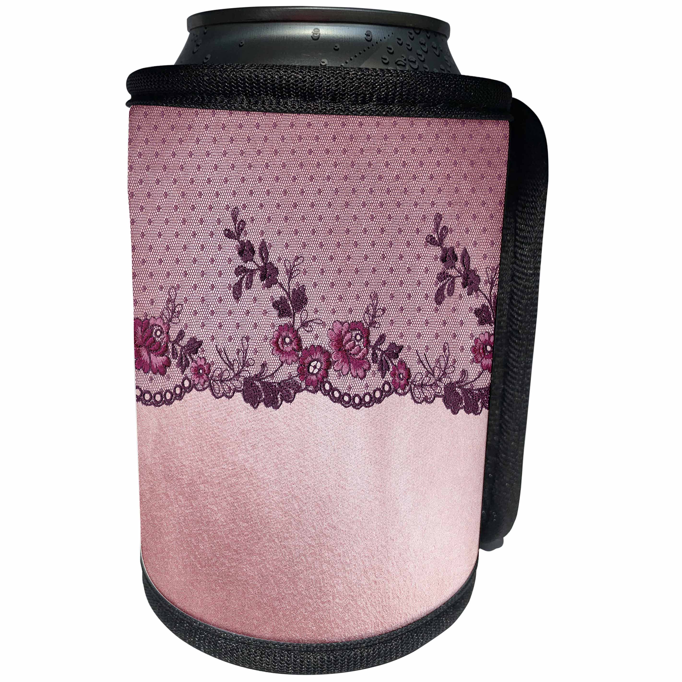 3dRose Uta Naumann Vintage Lace Collection - Purple Floral Luxury Lace on Pink Metal Background - Can Cooler Bottle Wrap (cc_255567)