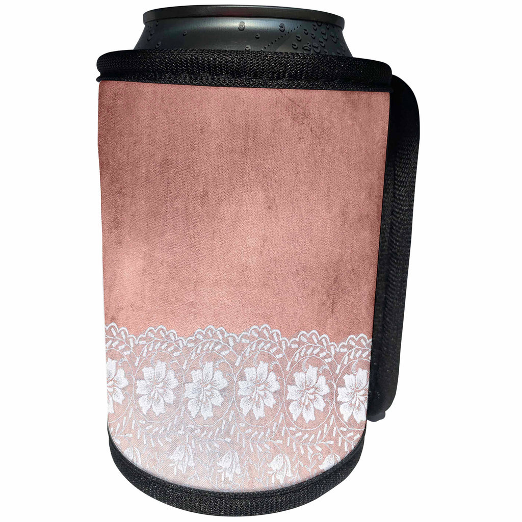 3dRose Uta Naumann Vintage Lace Collection - White Floral Elegant Lace on Pink Grunge Metal - Can Cooler Bottle Wrap (cc_255568)