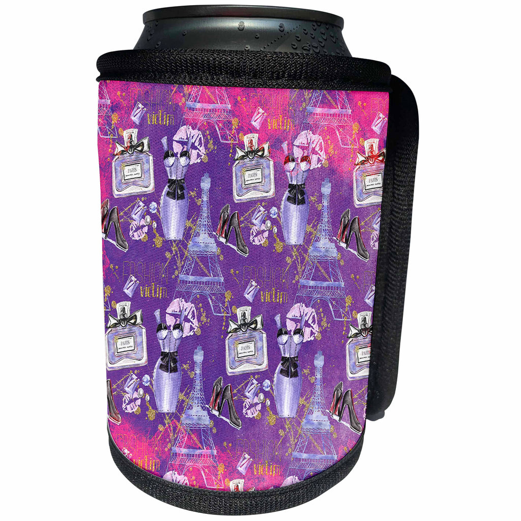 3dRose Uta Naumann Watercolor Pattern - Paris Shopping Pink Girly Eiffel Tower Pattern - Can Cooler Bottle Wrap (cc_255578)