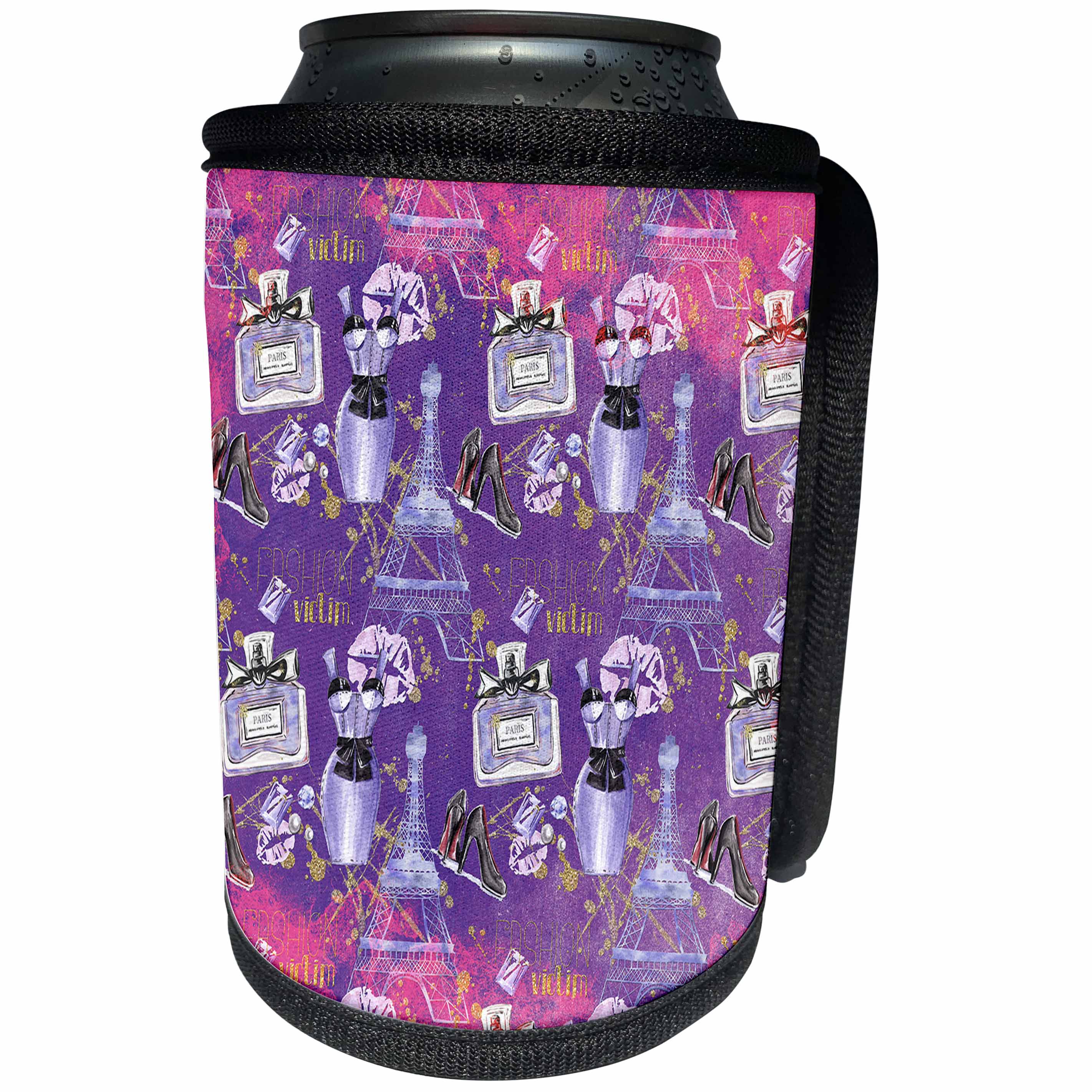 3dRose Uta Naumann Watercolor Pattern - Paris Shopping Pink Girly Eiffel Tower Pattern - Can Cooler Bottle Wrap (cc_255578)