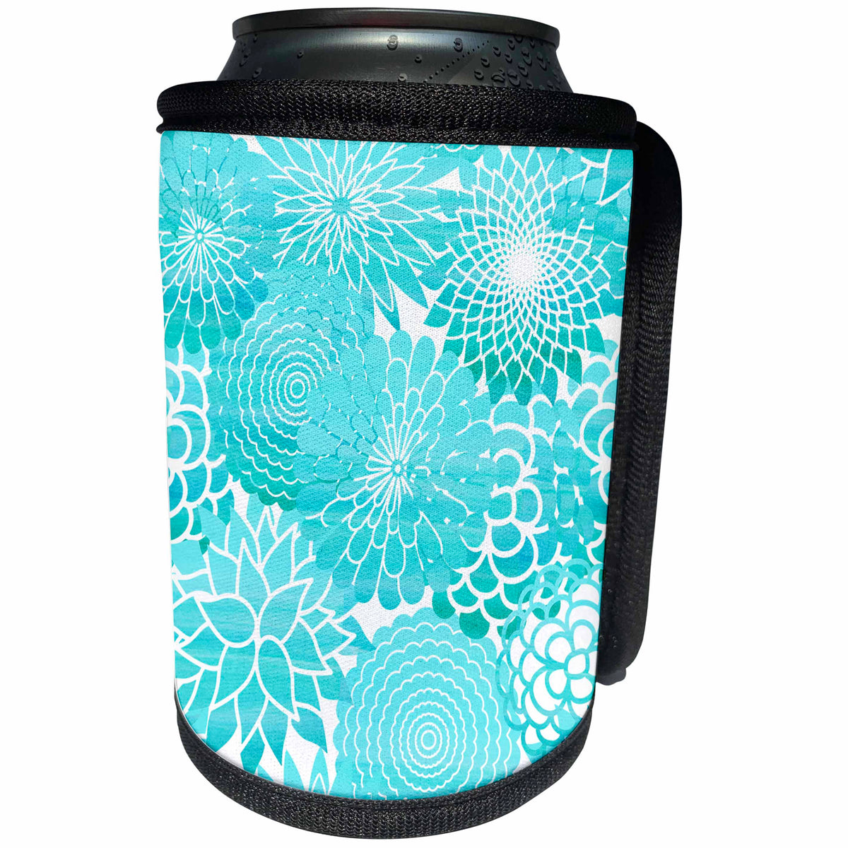 3dRose Uta Naumann Watercolor Pattern - Aqua and Turquoise Abstract Flower Pattern on White - Can Cooler Bottle Wrap (cc_255615)