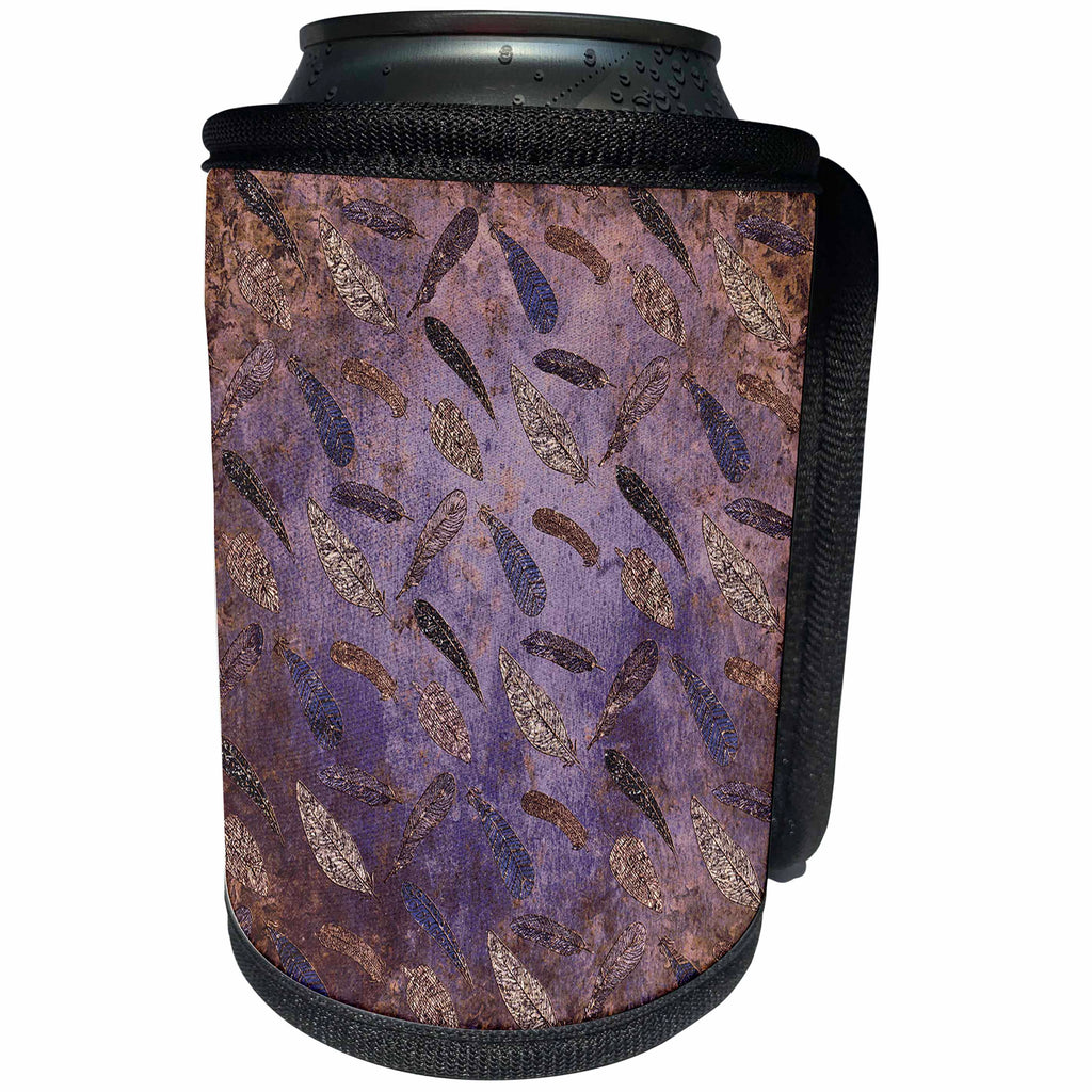 3dRose Uta Naumann Watercolor Pattern - Boho Purple Metal Shining Feather Pattern - Can Cooler Bottle Wrap (cc_255617)