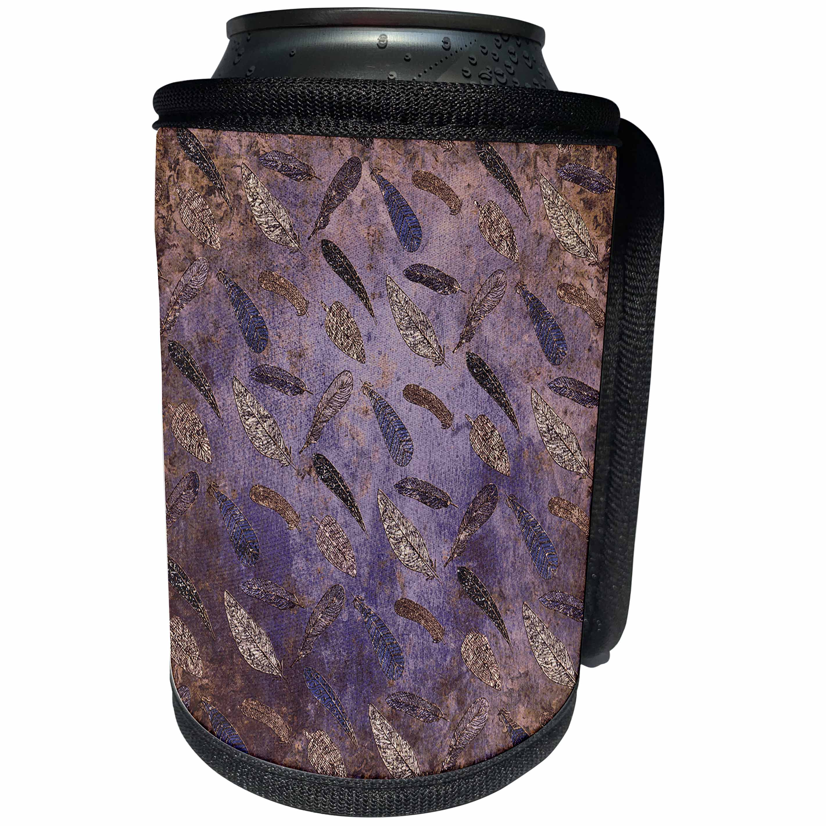 3dRose Uta Naumann Watercolor Pattern - Boho Purple Metal Shining Feather Pattern - Can Cooler Bottle Wrap (cc_255617)