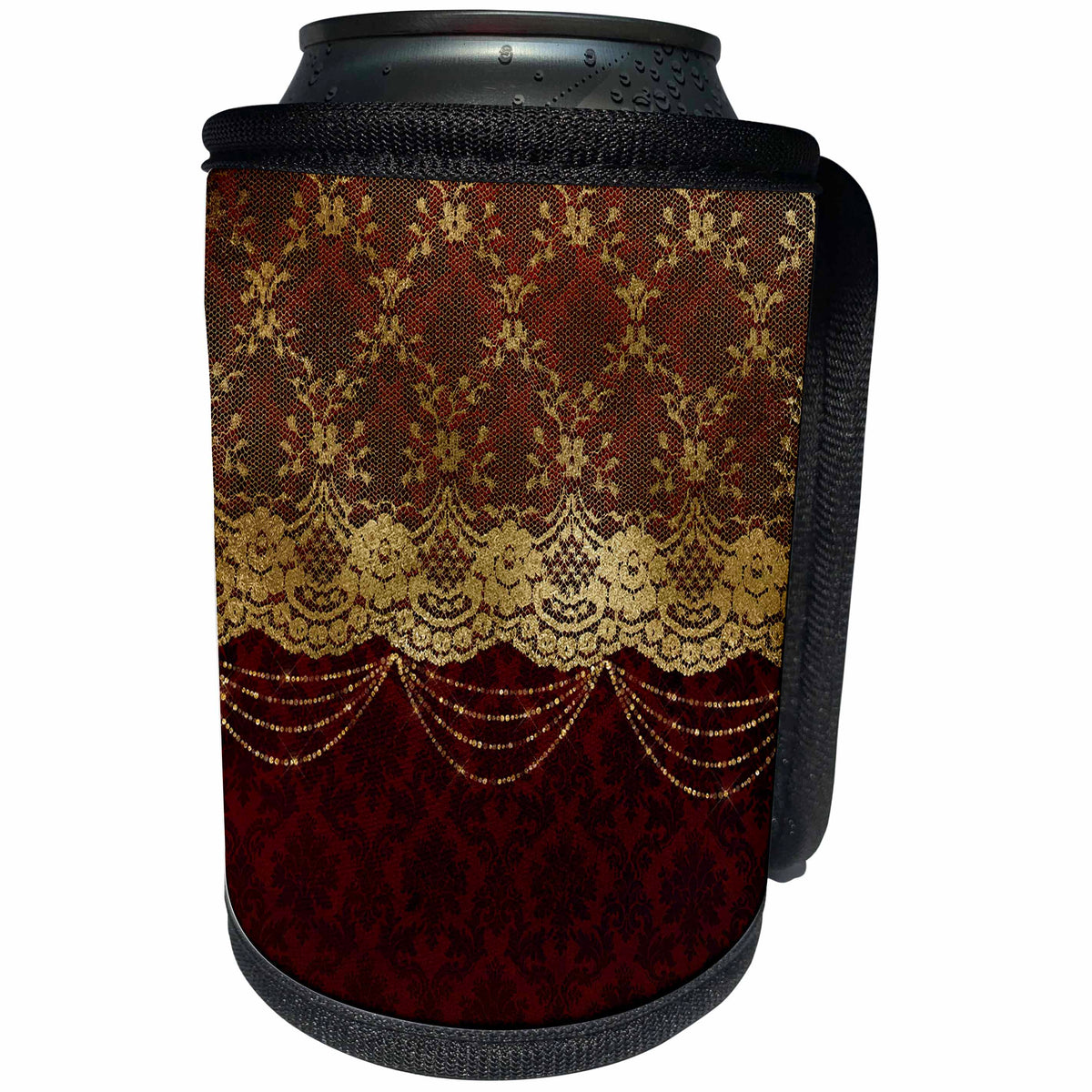 3dRose Uta Naumann Vintage Lace Collection - Gold Floral Luxury Lace with Chain on Dark Red Damask Background - Can Cooler Bottle Wrap (cc_255627)