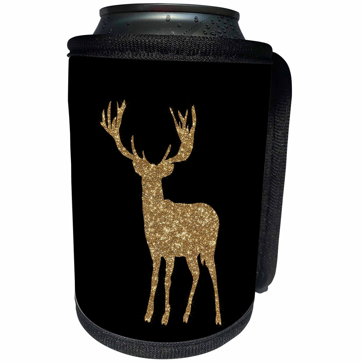 3dRose Uta Naumann Watercolor Illustration Animal - Gold Glitter Animal Deer on Black Background - Can Cooler Bottle Wrap (cc_255637)
