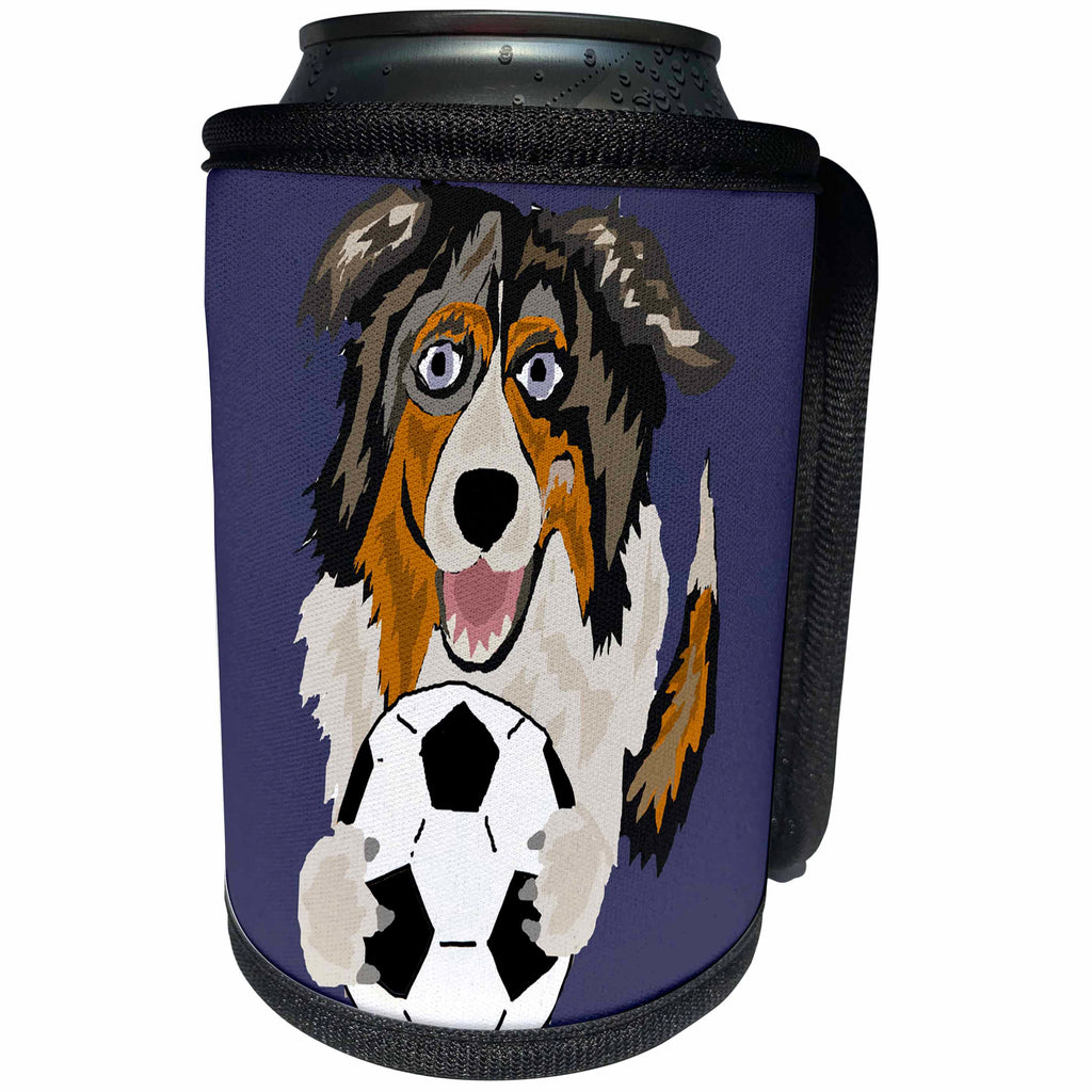 3dRose All Smiles Art Sports and Hobbies - Funny Cute Australian Shepherd puppy dog Playing Soccer - Can Cooler Bottle Wrap (cc_255645)