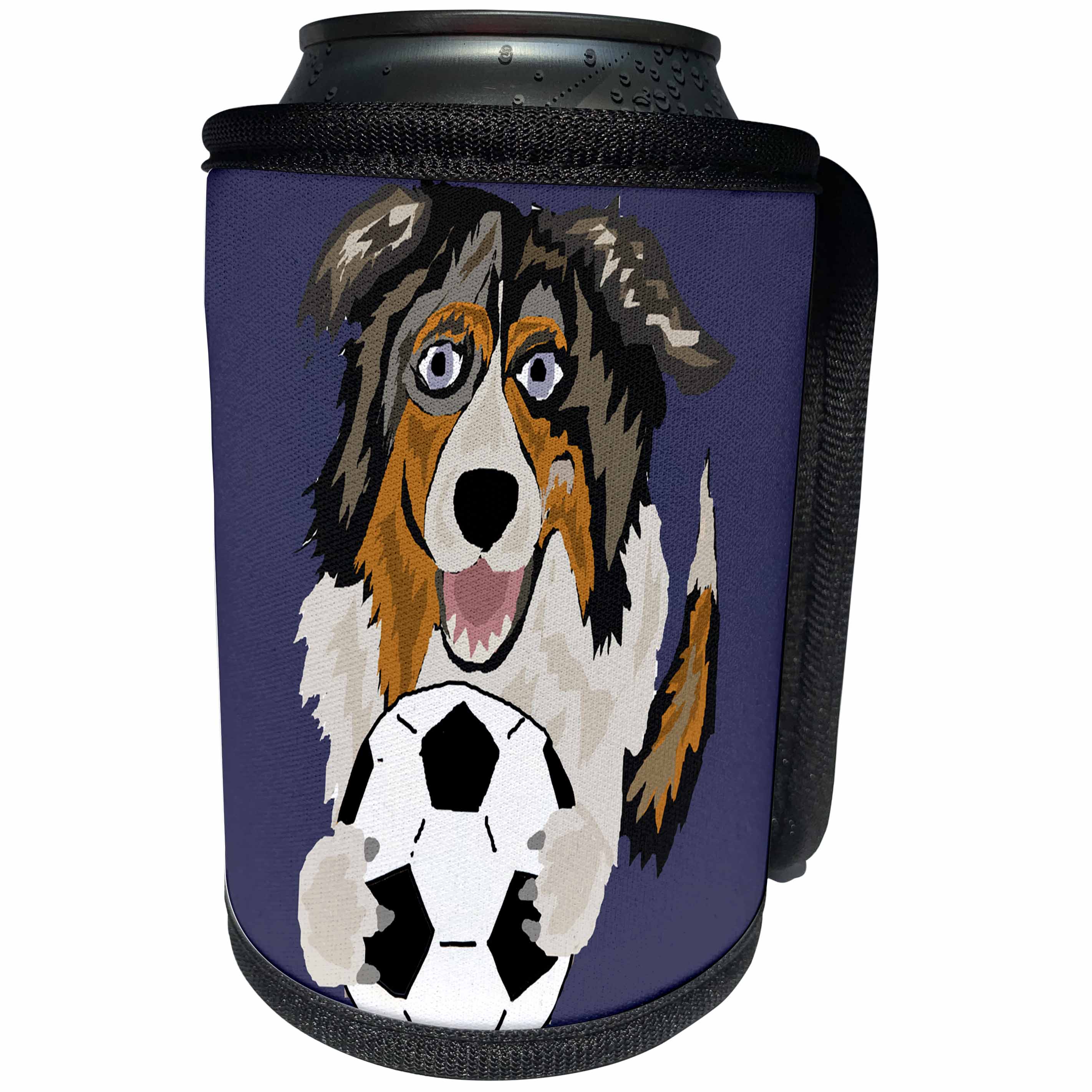 3dRose All Smiles Art Sports and Hobbies - Funny Cute Australian Shepherd puppy dog Playing Soccer - Can Cooler Bottle Wrap (cc_255645)