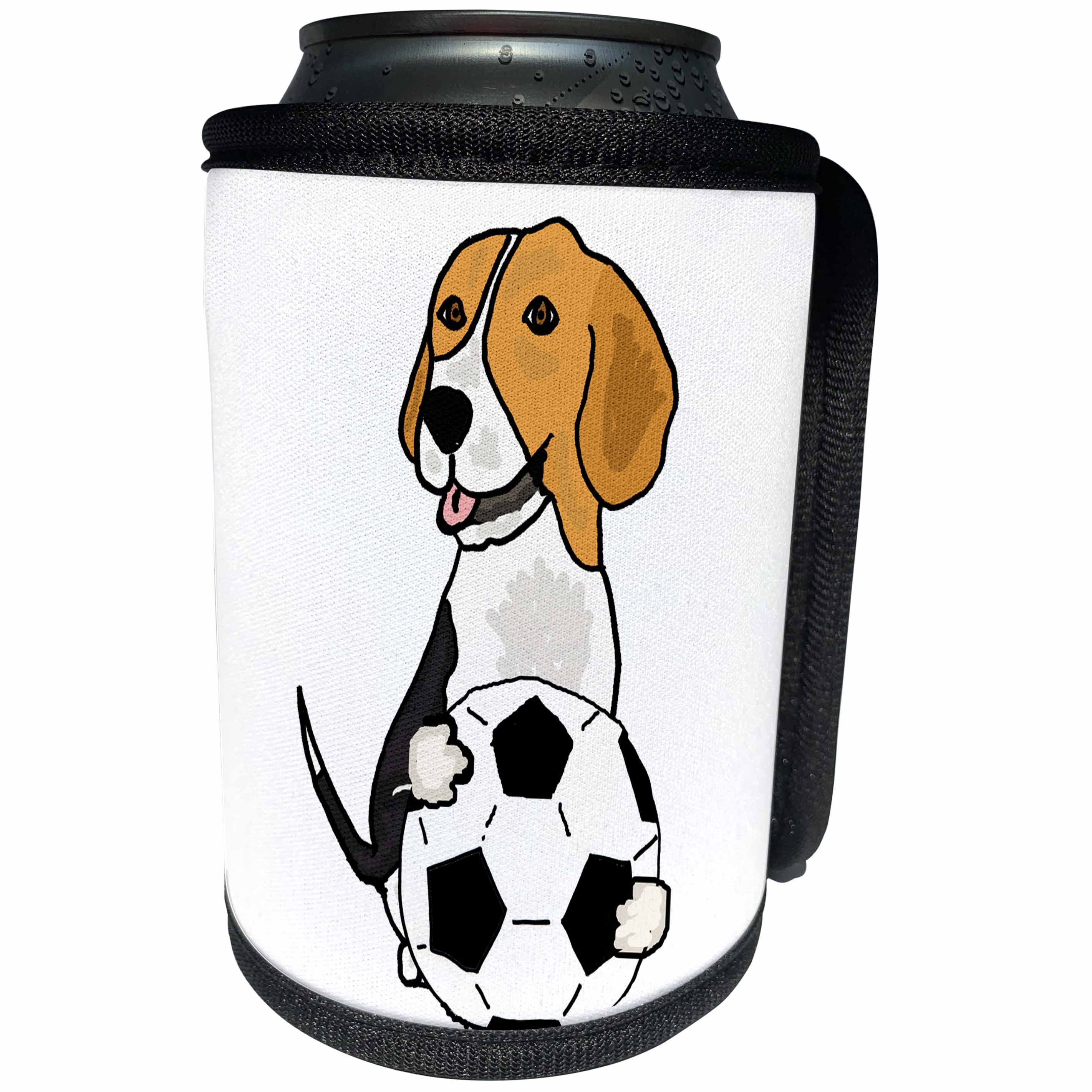 3dRose All Smiles Art Sports and Hobbies - Funny Cute Beagle Puppy Dog Playing Soccer - Can Cooler Bottle Wrap (cc_255649)
