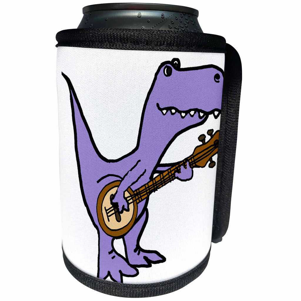 3dRose All Smiles Art Music - Funny Cute Purple Trex Dinosaur Playing Banjo - Can Cooler Bottle Wrap (cc_255651)