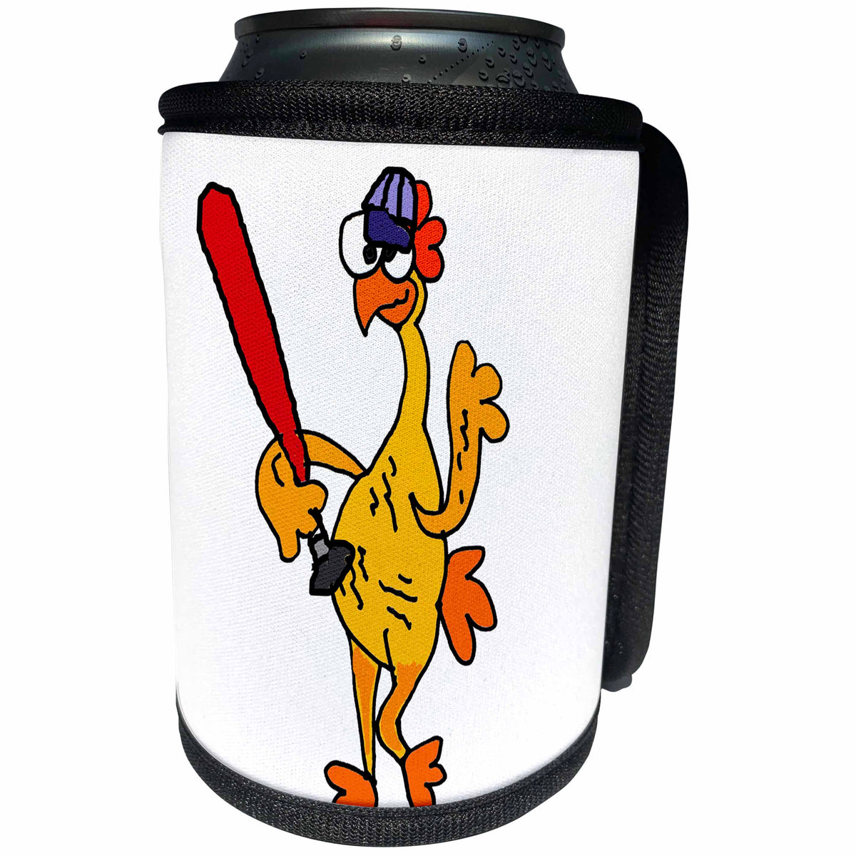 3dRose All Smiles Art Sports and Hobbies - Funny Silly Rubber Chicken Playing Baseball - Can Cooler Bottle Wrap (cc_255657)