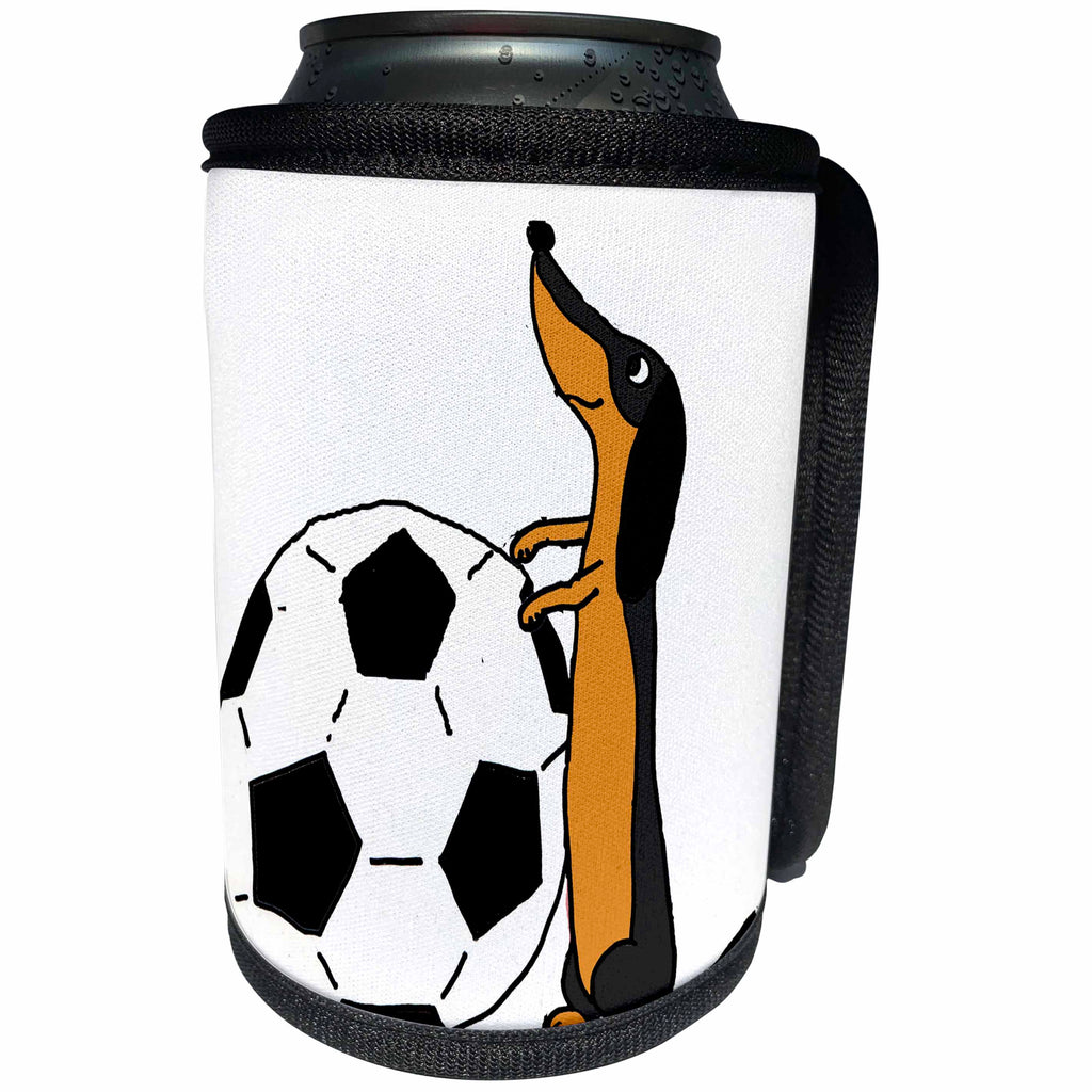 3dRose All Smiles Art Sports and Hobbies - Funny Cute Dachshund Dog Playing Soccer or Football - Can Cooler Bottle Wrap (cc_255663)