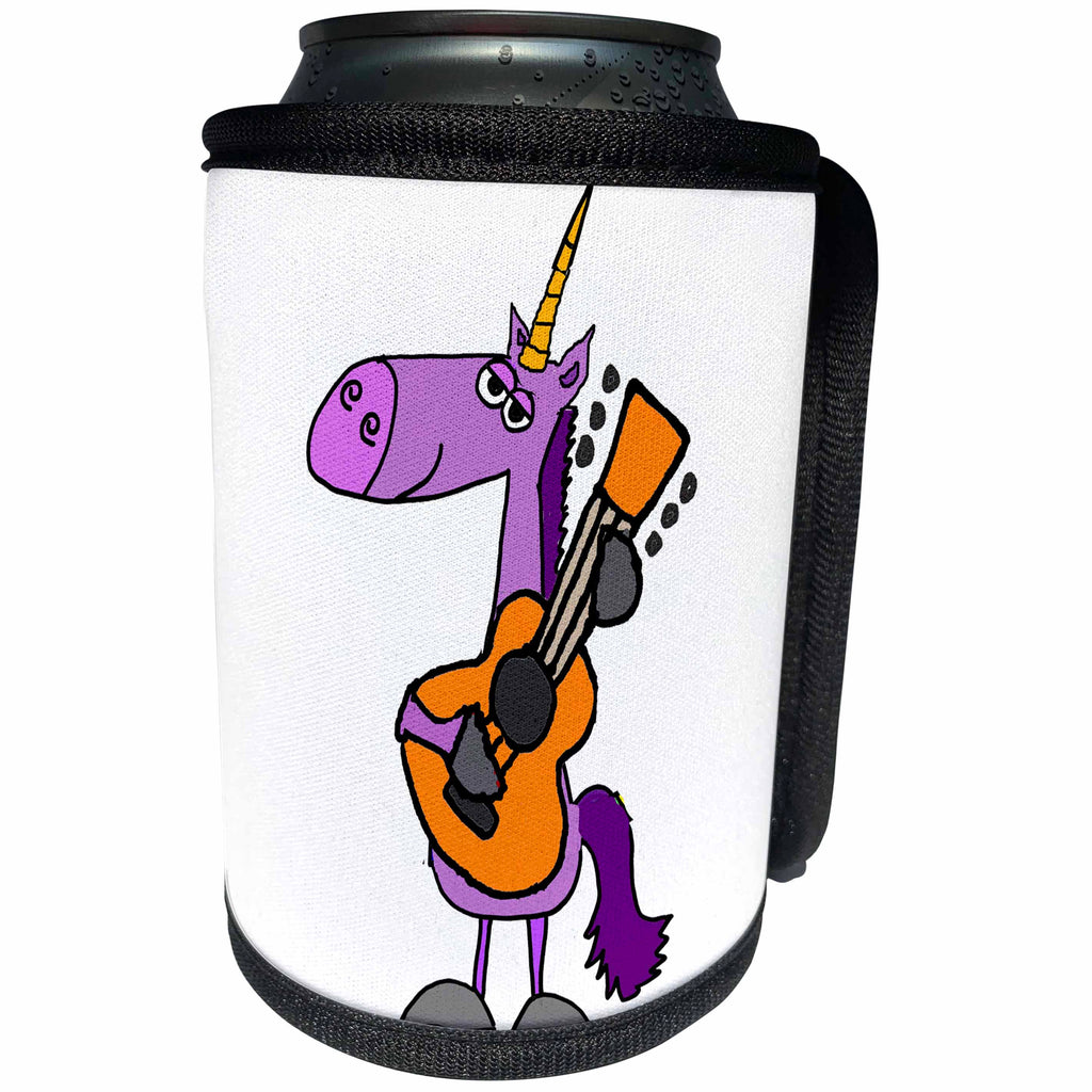 3dRose All Smiles Art Dragons and Unicorns - Funny Cute Purple Unicorn Playing Guitar - Can Cooler Bottle Wrap (cc_255671)