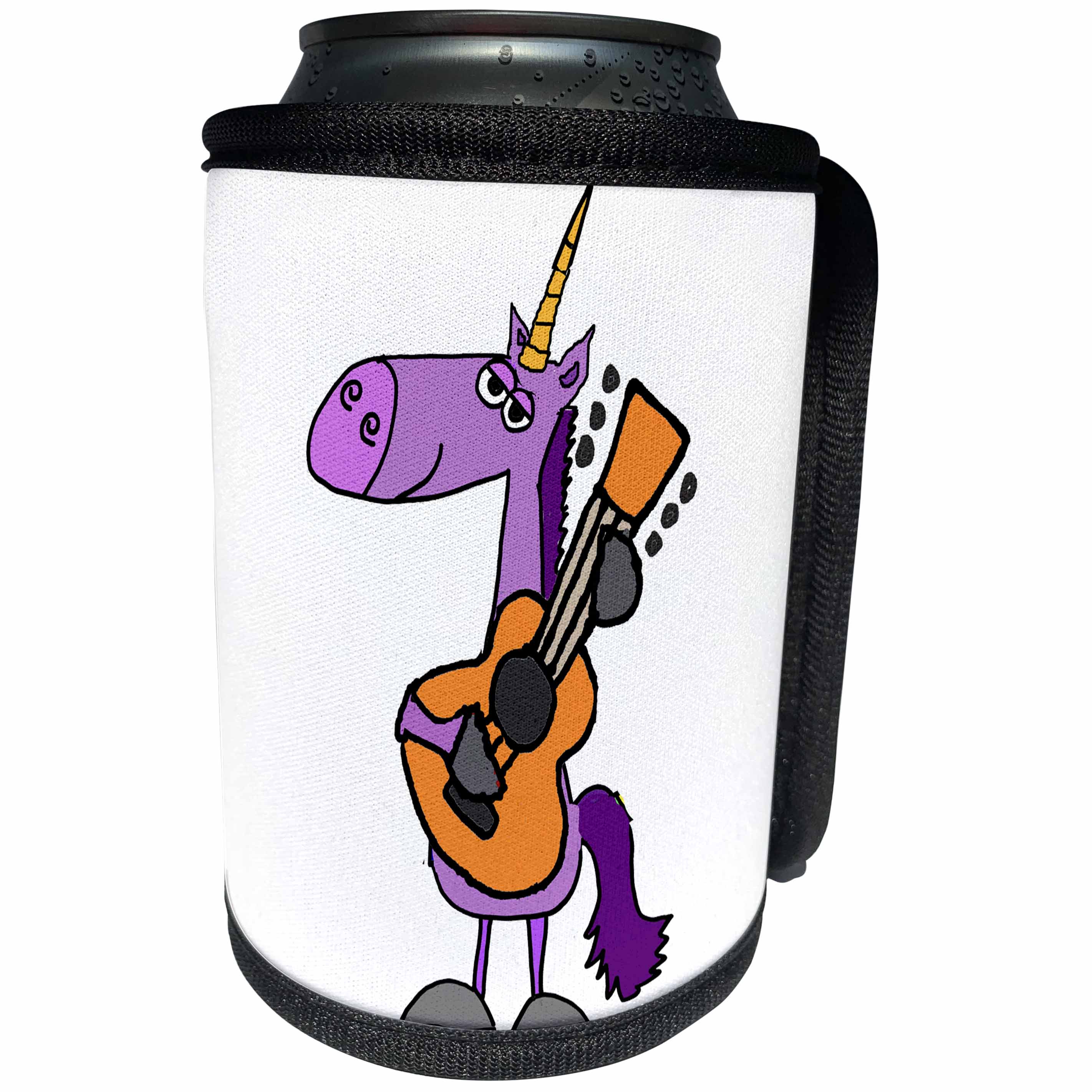 3dRose All Smiles Art Dragons and Unicorns - Funny Cute Purple Unicorn Playing Guitar - Can Cooler Bottle Wrap (cc_255671)