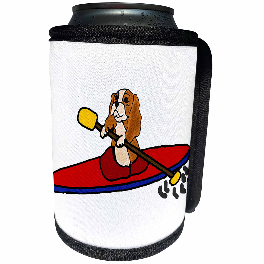 3dRose All Smiles Art Pets - Funny Cute Cavalier King Charles Spaniel Dog Kayaking - Can Cooler Bottle Wrap (cc_255679)